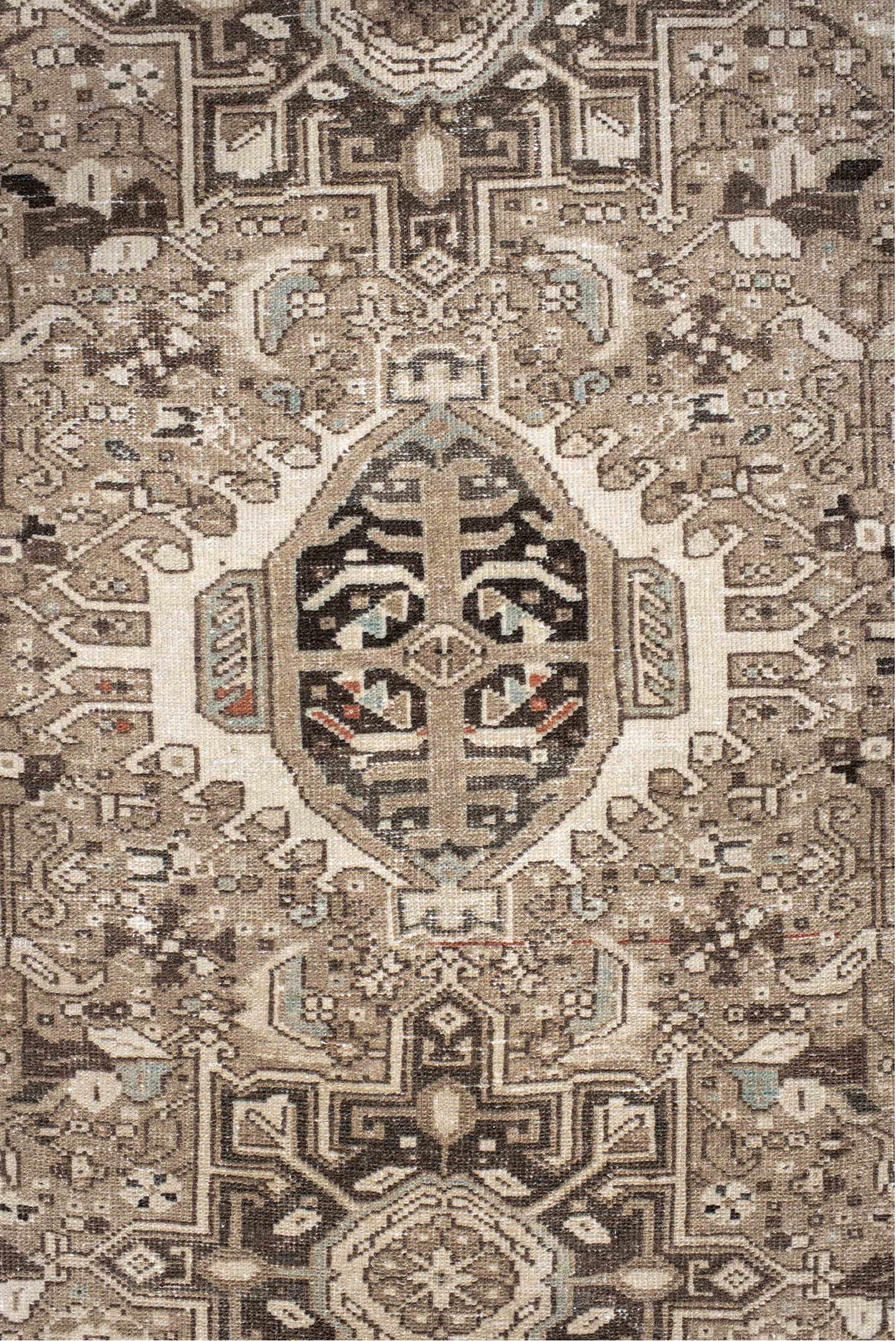 4' x 6' one-of-a-kind handmade antique Karaje small size rug. Color palette: taupe, ivory, brown, charcoal, camel, pale_blue