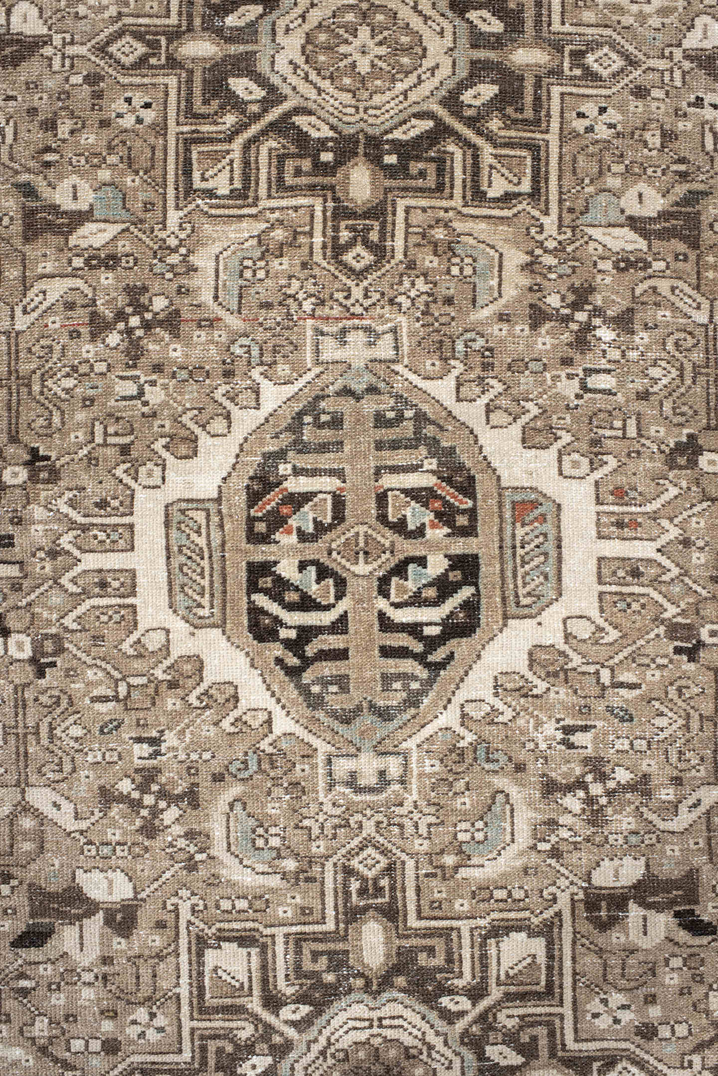 4' x 6' one-of-a-kind handmade antique Karaje small size rug. Color palette: taupe, ivory, brown, charcoal, camel, pale_blue