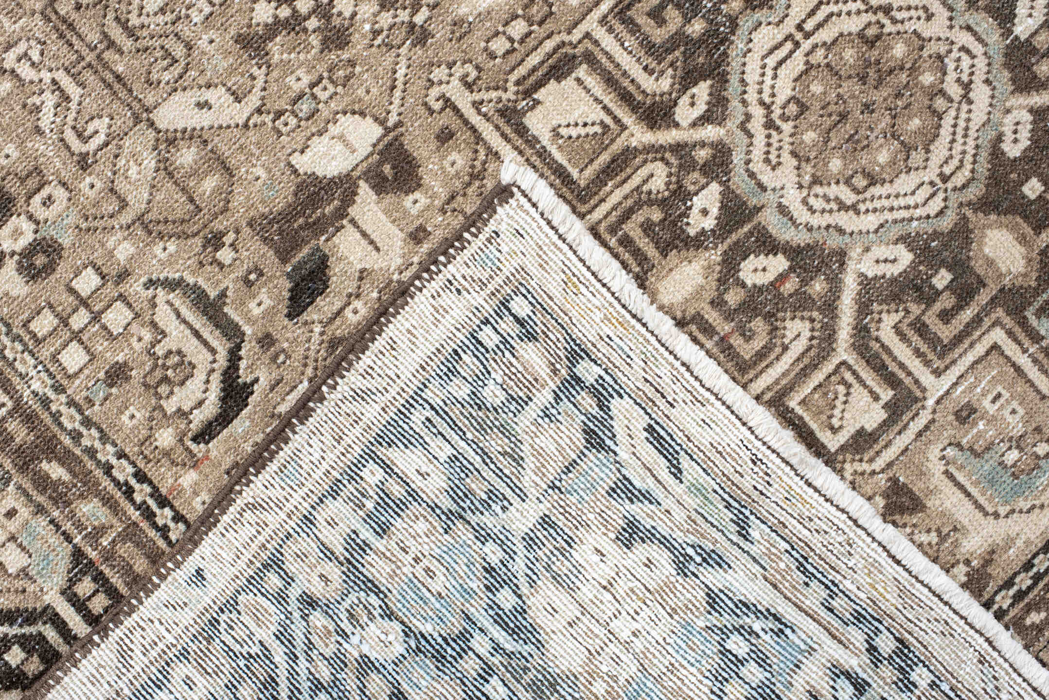 4' x 6' one-of-a-kind handmade antique Karaje small size rug. Color palette: taupe, ivory, brown, charcoal, camel, pale_blue