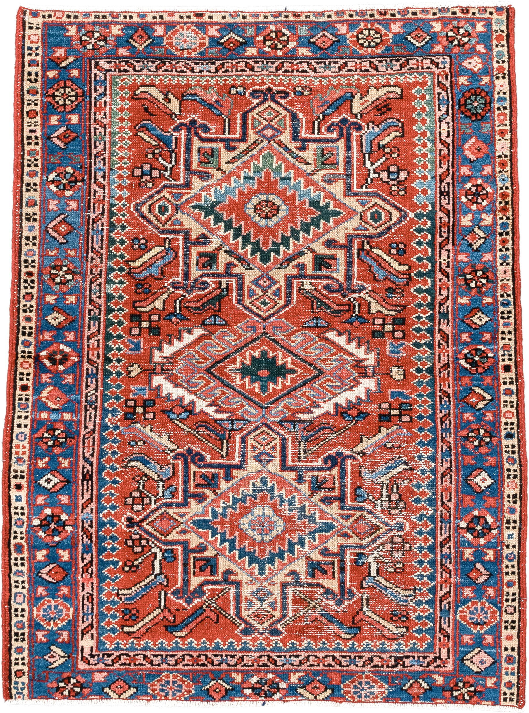 3' x 4' one-of-a-kind handmade antique Karaje small size rug. Color palette: rust, blue, ivory, navy, coral, teal, charcoal