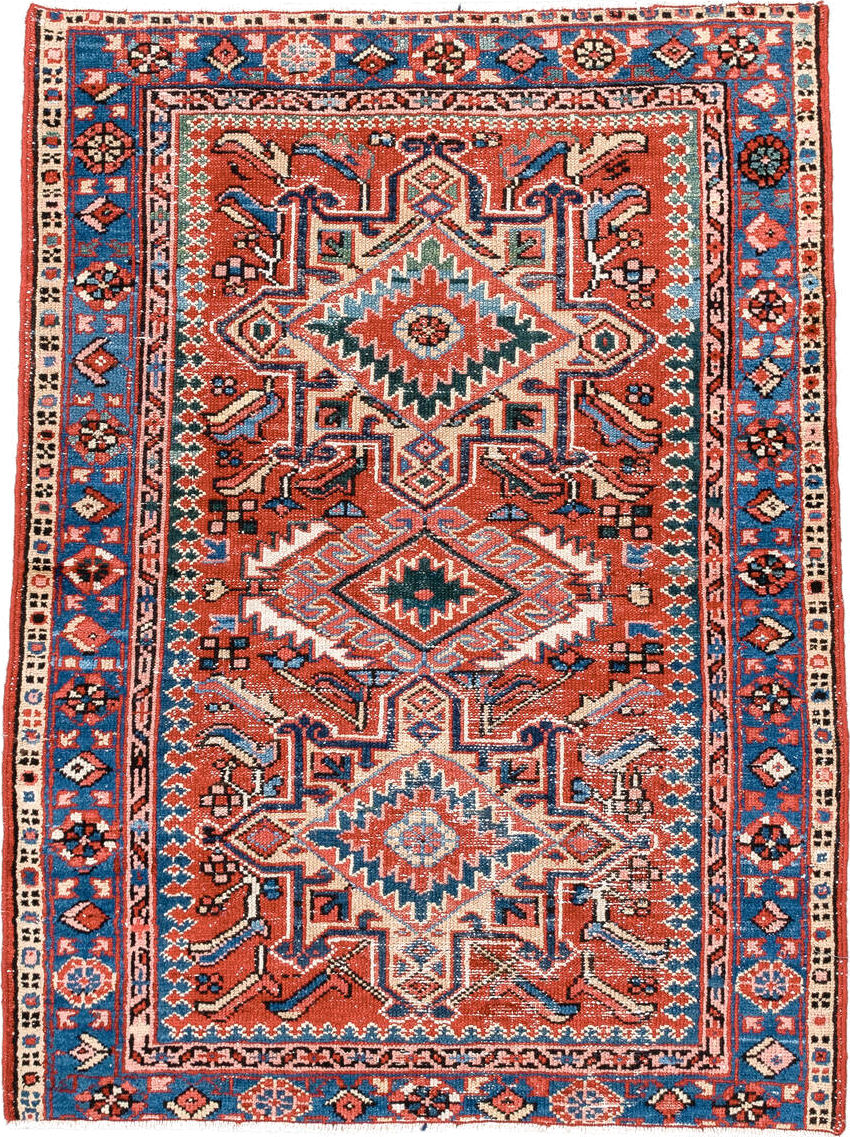 3' x 4' one-of-a-kind handmade antique Karaje small size rug. Color palette: rust, blue, ivory, navy, coral, teal, charcoal