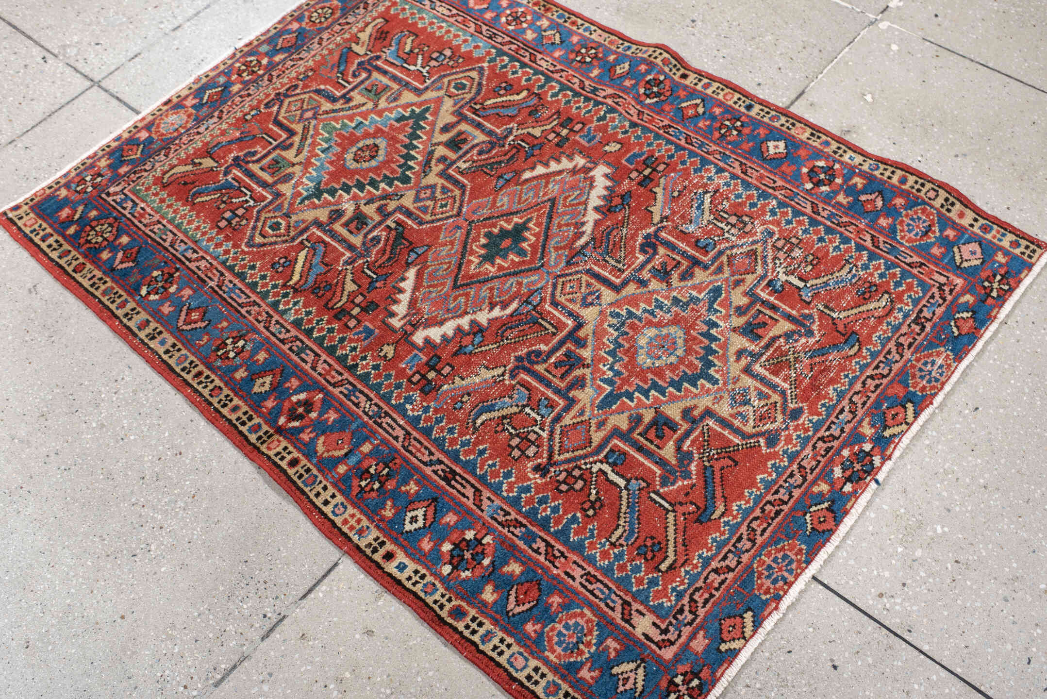 3' x 4' one-of-a-kind handmade vintage Karaje small size rug. Color palette: beige, bisque, black, blue, brown, charcoal