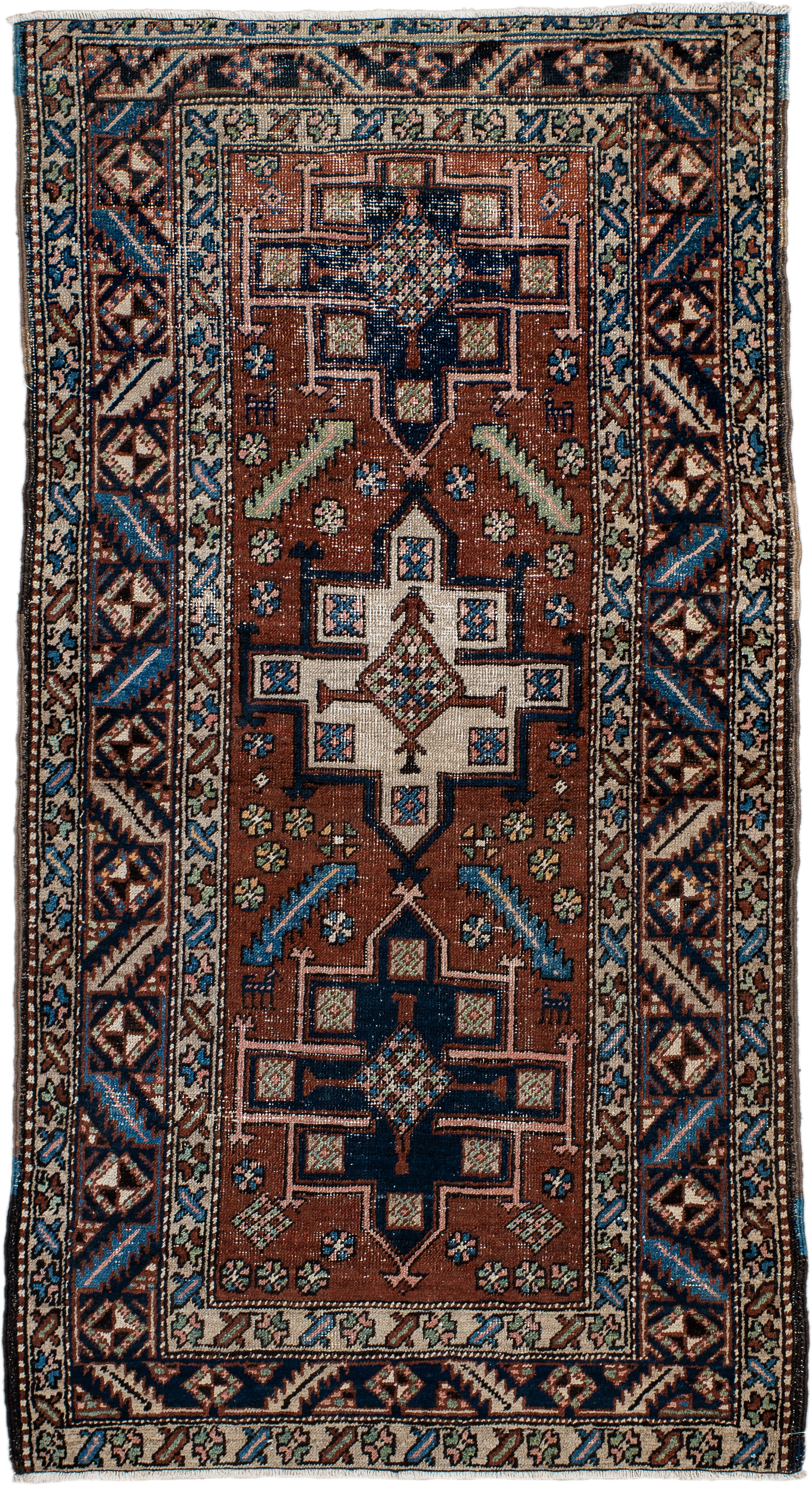 3' x 5' one-of-a-kind handmade antique Heriz small size rug. Color palette: rust, navy, ivory, sky_blue, brown, sage, camel