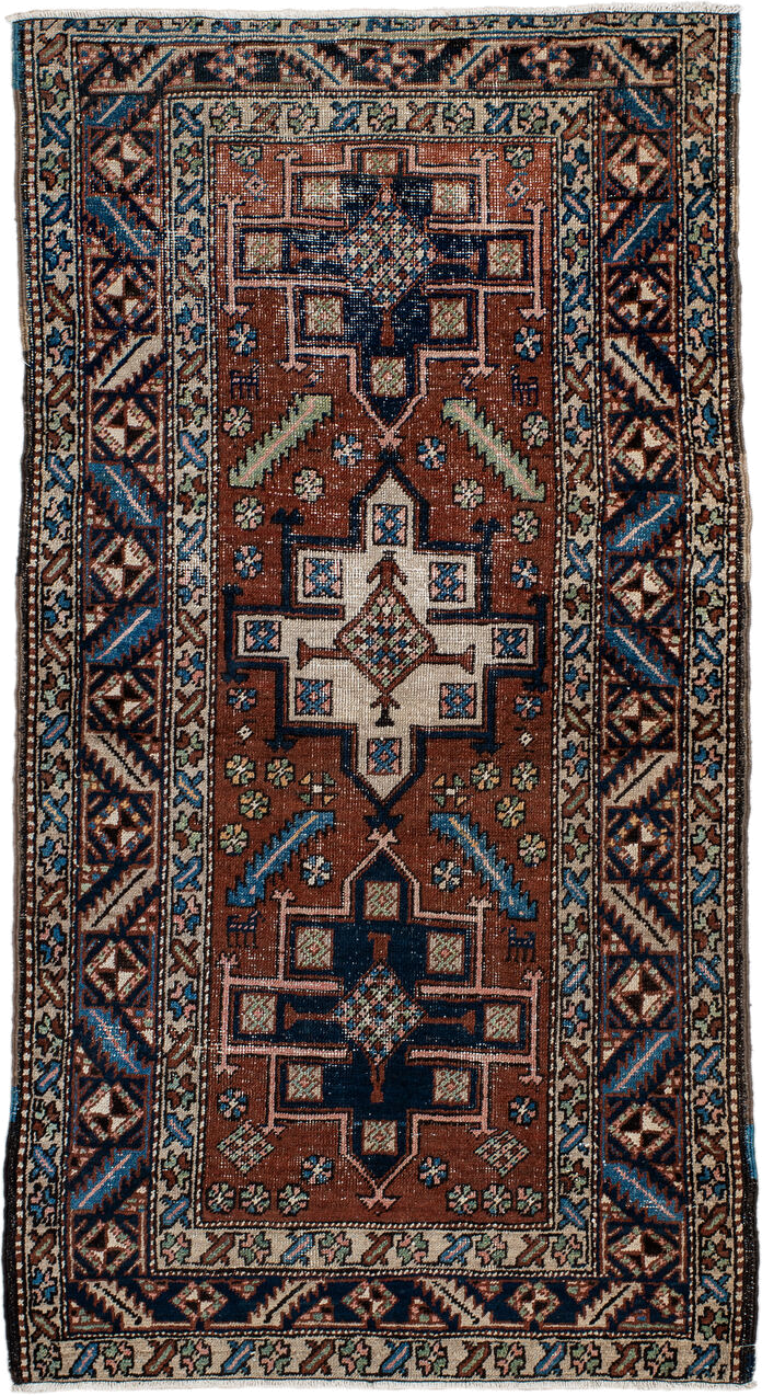 3' x 5' one-of-a-kind handmade antique Heriz small size rug. Color palette: rust, navy, ivory, sky_blue, brown, sage, camel