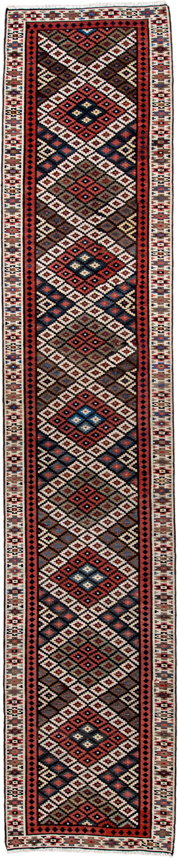 3' x 15' one-of-a-kind handmade antique Kilim runner rug. Color palette: rust, ivory, navy, brown, camel, crimson, sky_blue