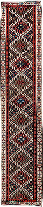 3' x 15' one-of-a-kind handmade antique Kilim runner rug. Color palette: rust, ivory, navy, brown, camel, crimson, sky_blue