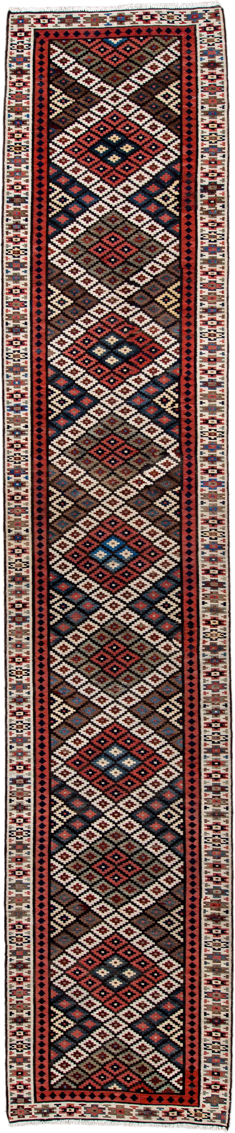 3' x 15' one-of-a-kind handmade antique Kilim runner rug. Color palette: rust, ivory, navy, brown, camel, crimson, sky_blue