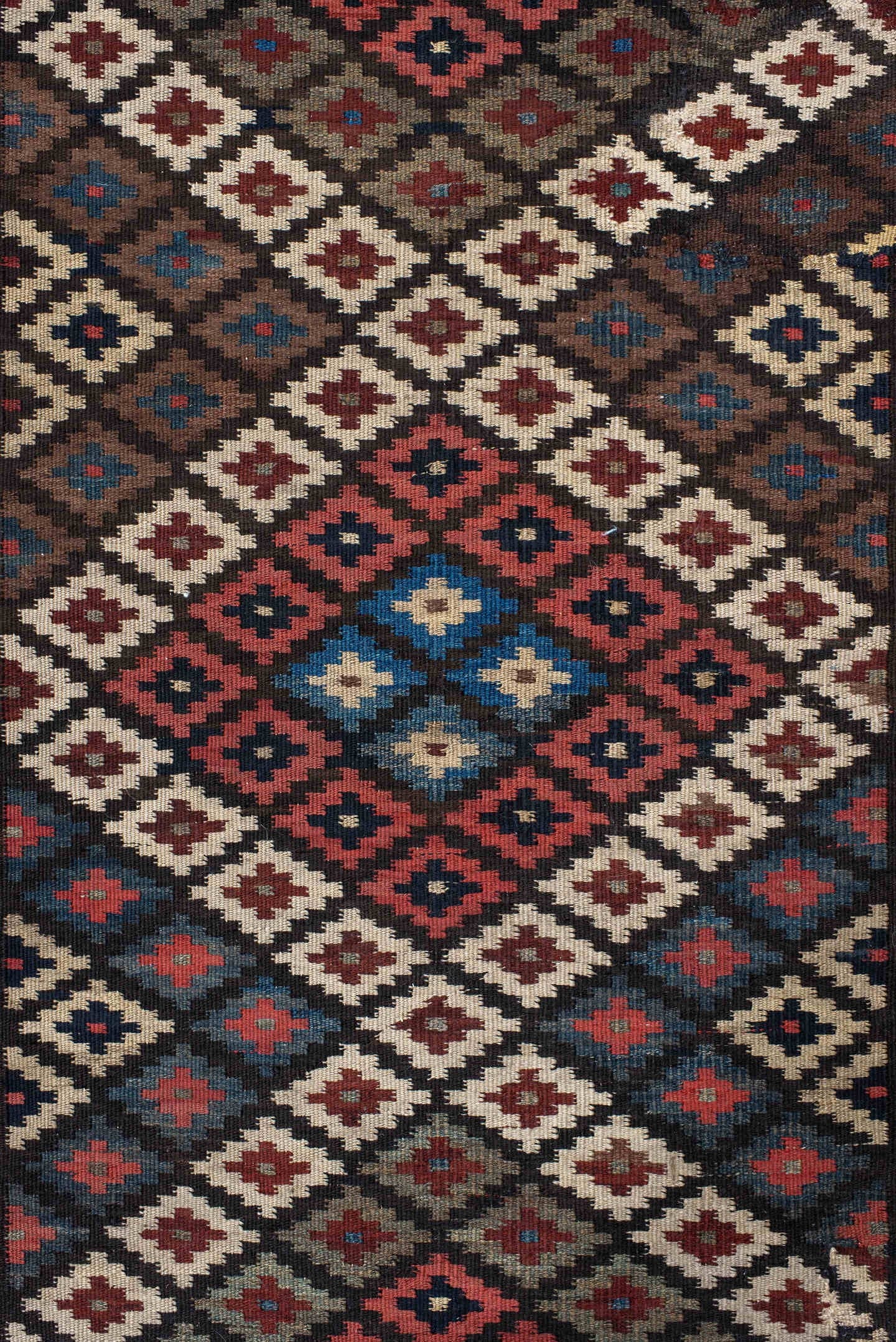 3' x 15' one-of-a-kind handmade antique Kilim runner rug. Color palette: rust, ivory, navy, brown, camel, crimson, sky_blue
