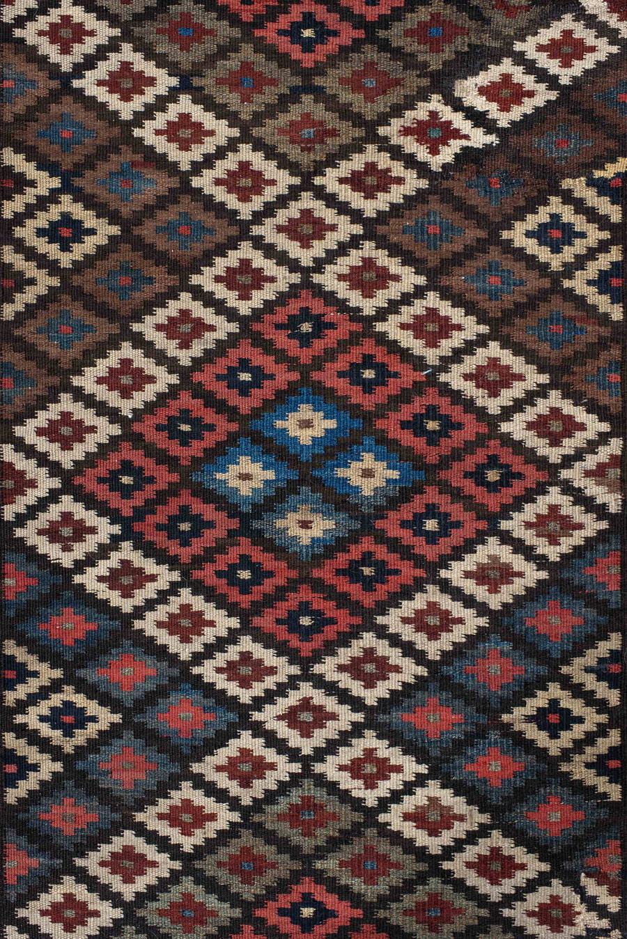 3' x 15' one-of-a-kind handmade antique Kilim runner rug. Color palette: rust, ivory, navy, brown, camel, crimson, sky_blue