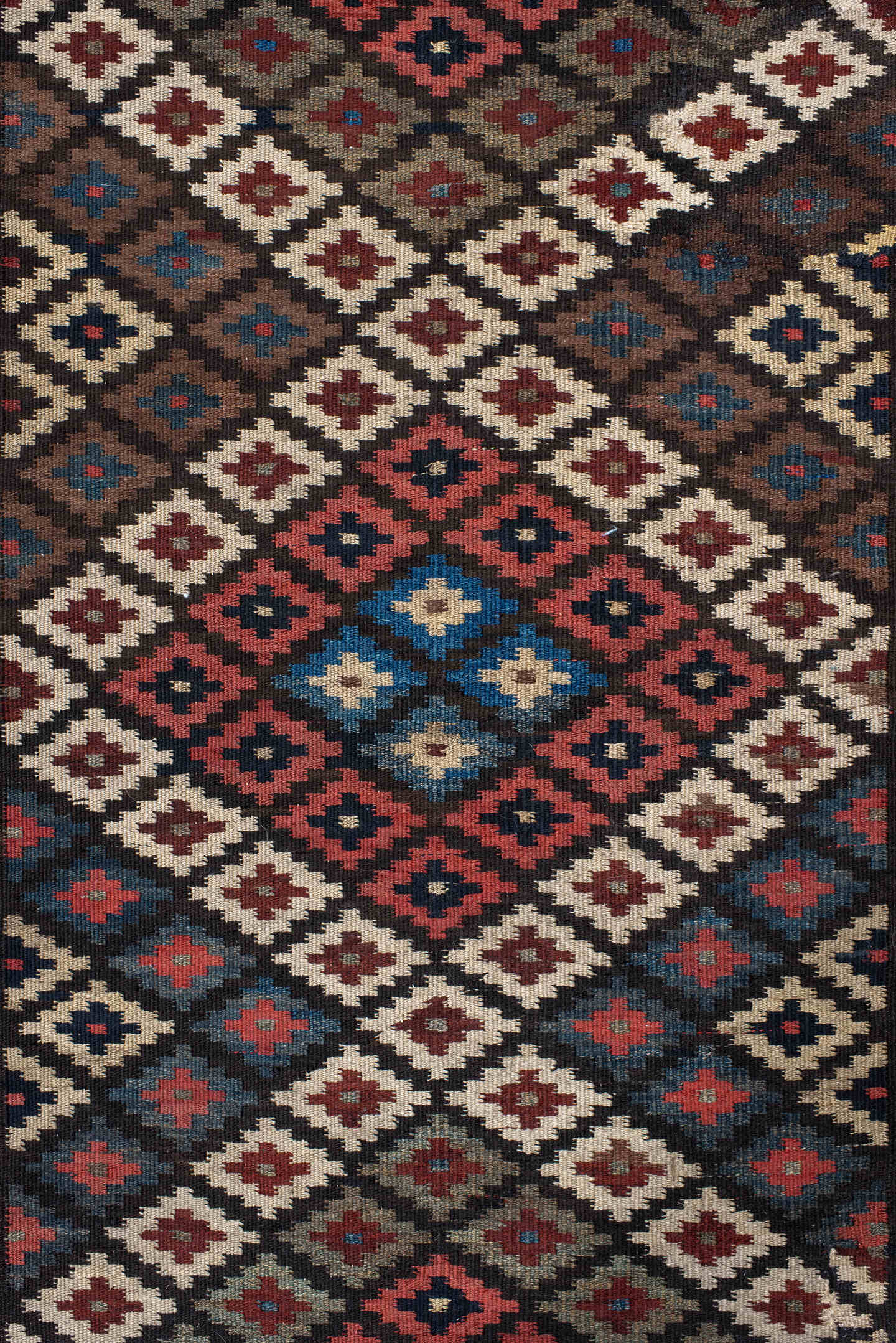 3' x 15' one-of-a-kind handmade antique Kilim runner rug. Color palette: rust, ivory, navy, brown, camel, crimson, sky_blue