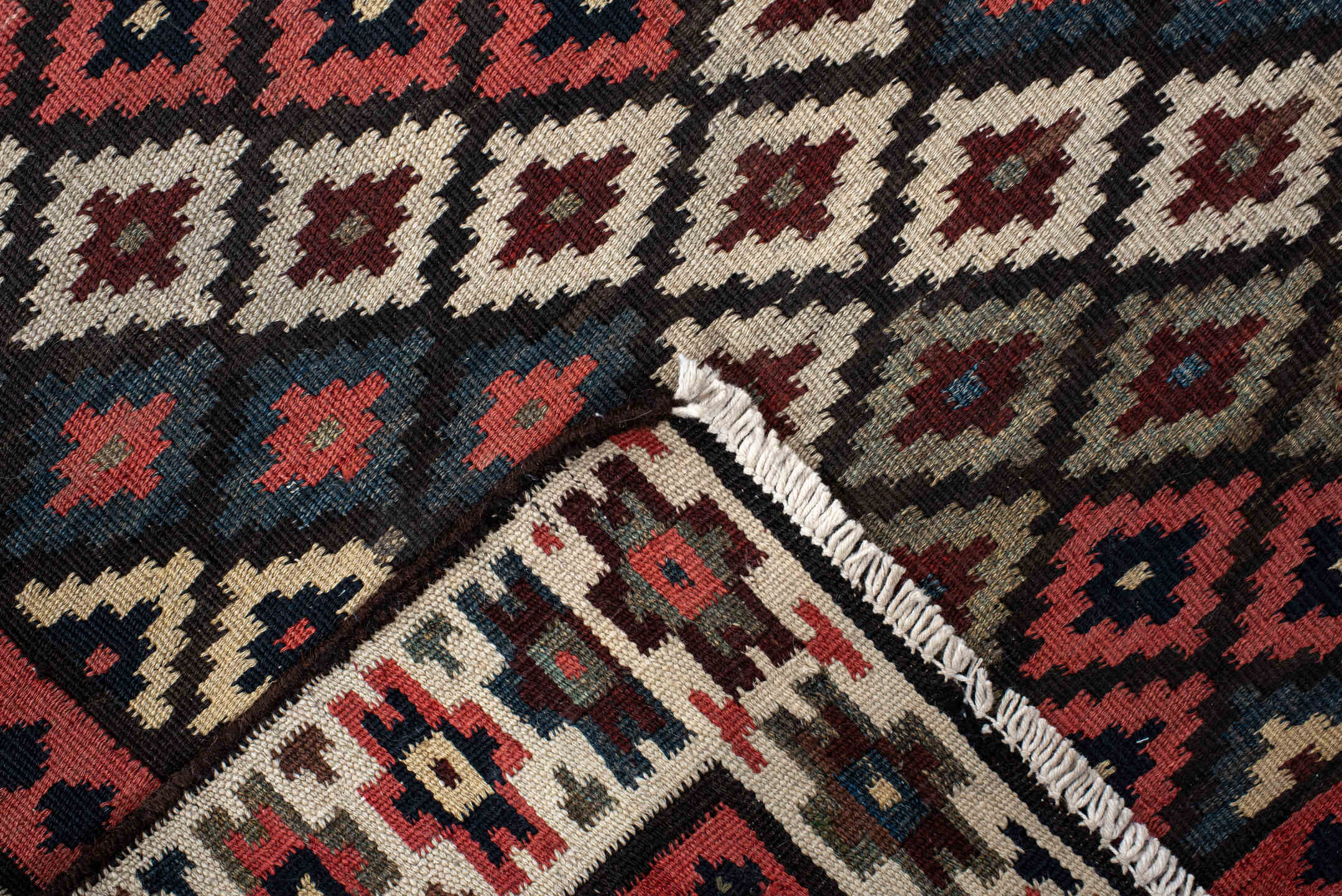 3' x 15' one-of-a-kind handmade antique Kilim runner rug. Color palette: rust, ivory, navy, brown, camel, crimson, sky_blue