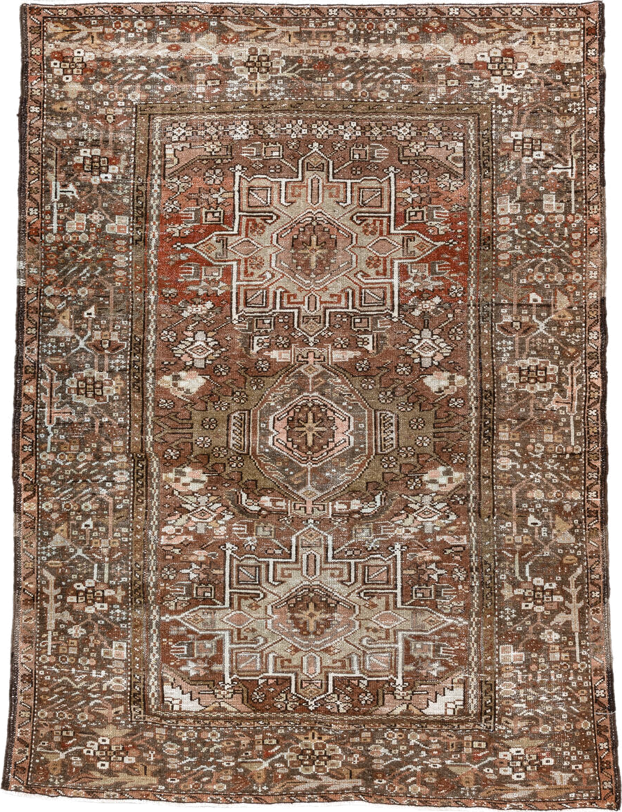 4' x 5' one-of-a-kind handmade antique Karaje small size rug. Color palette: brown, terra cotta, ivory, taupe, camel, rust