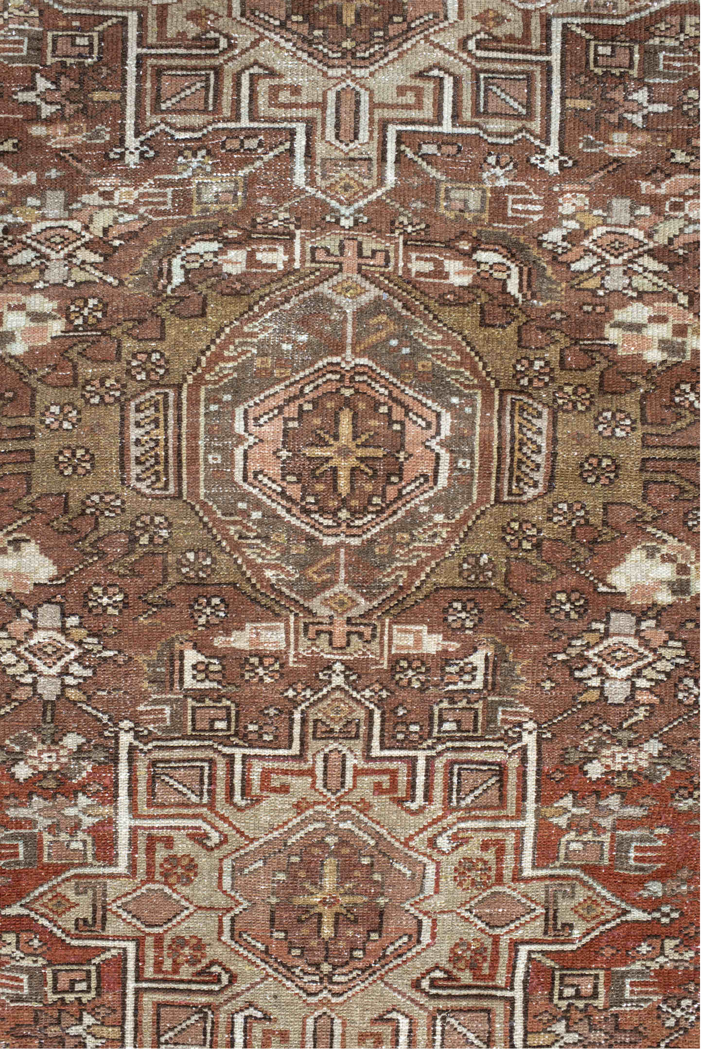 4' x 5' one-of-a-kind handmade antique Karaje small size rug. Color palette: brown, terra cotta, ivory, taupe, camel, rust