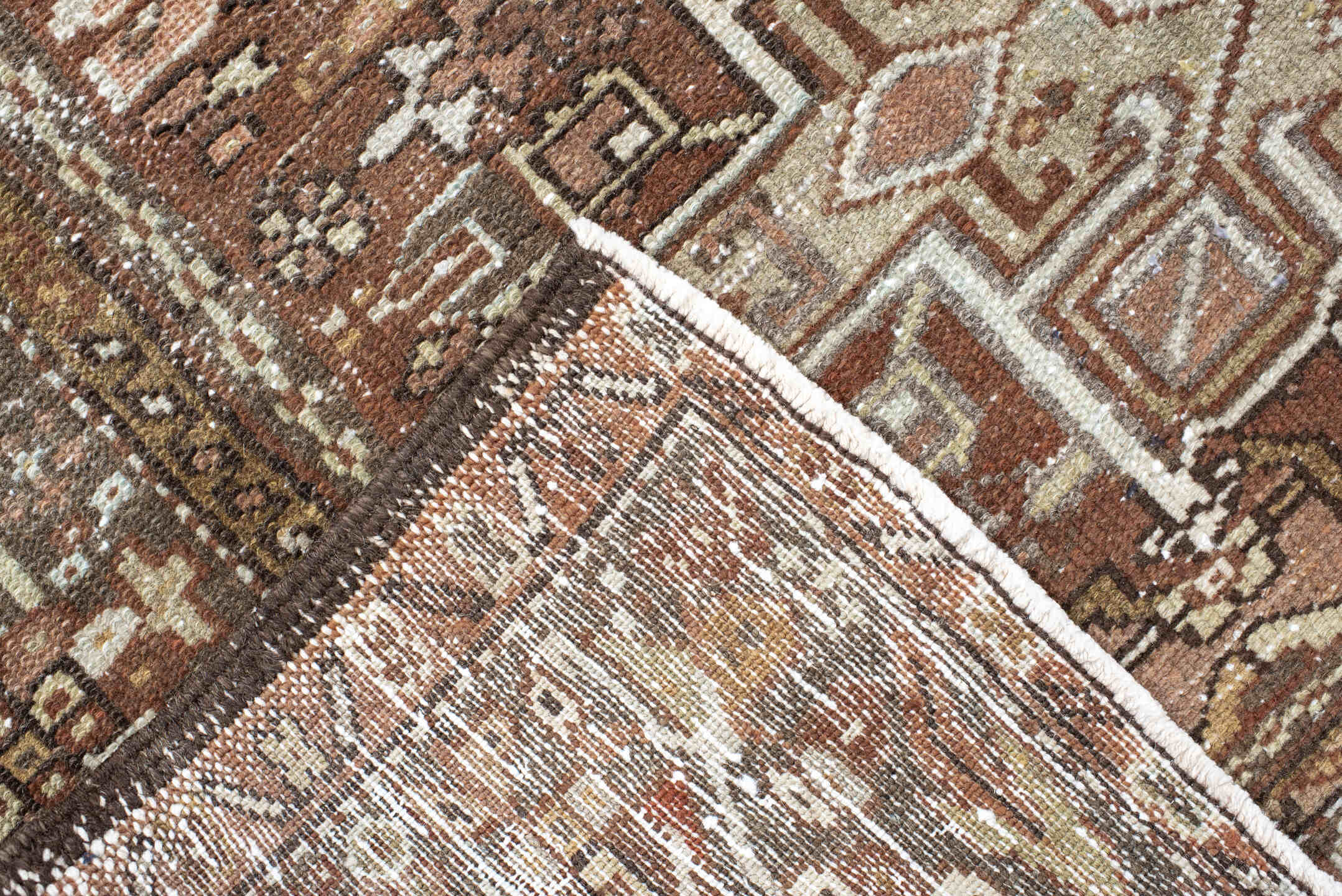 4' x 5' one-of-a-kind handmade antique Karaje small size rug. Color palette: brown, terra cotta, ivory, taupe, camel, rust