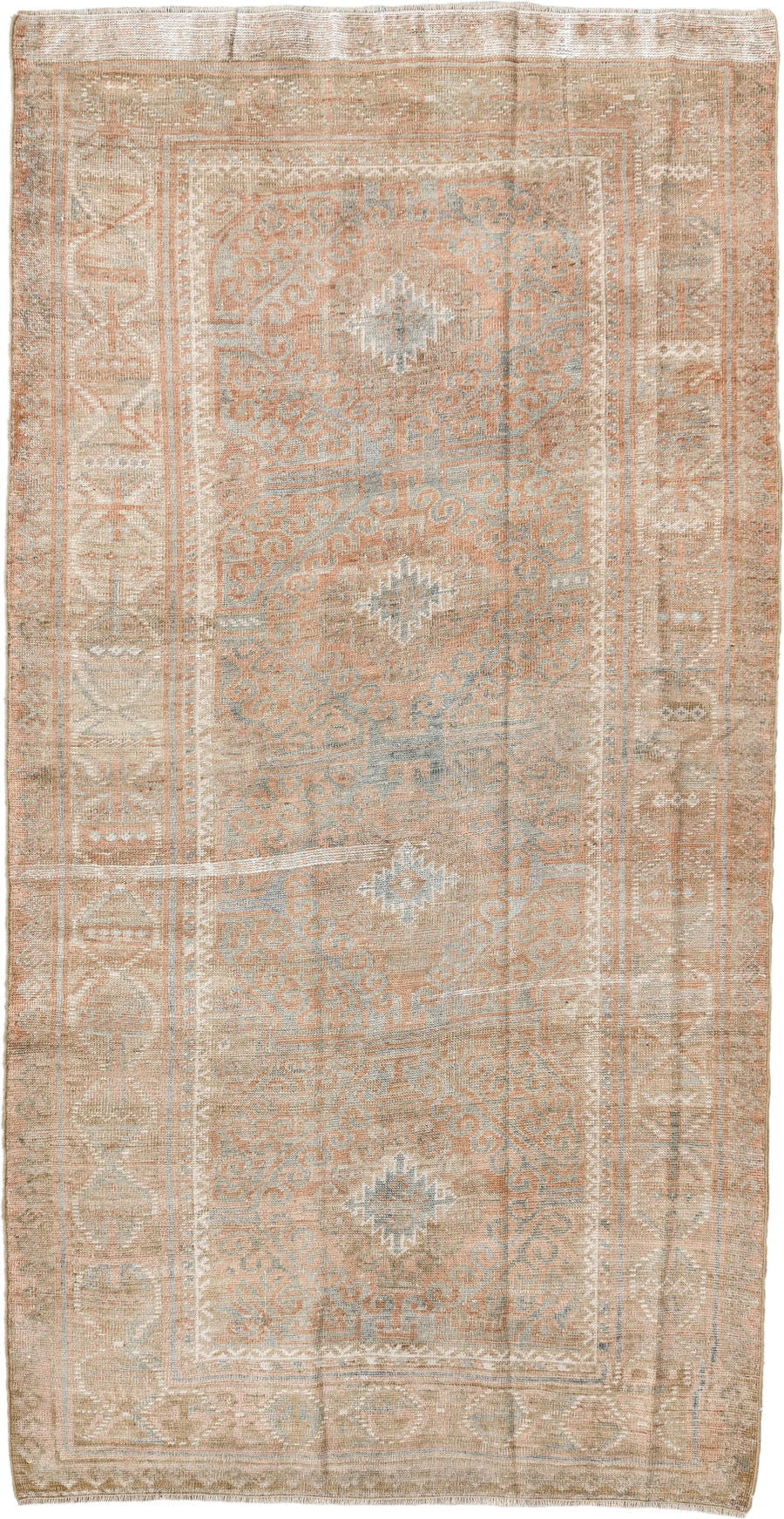 4' x 7' one-of-a-kind handmade vintage Belouch rug. Color palette: camel, taupe, ivory, pale aqua, blush, sand, light gray