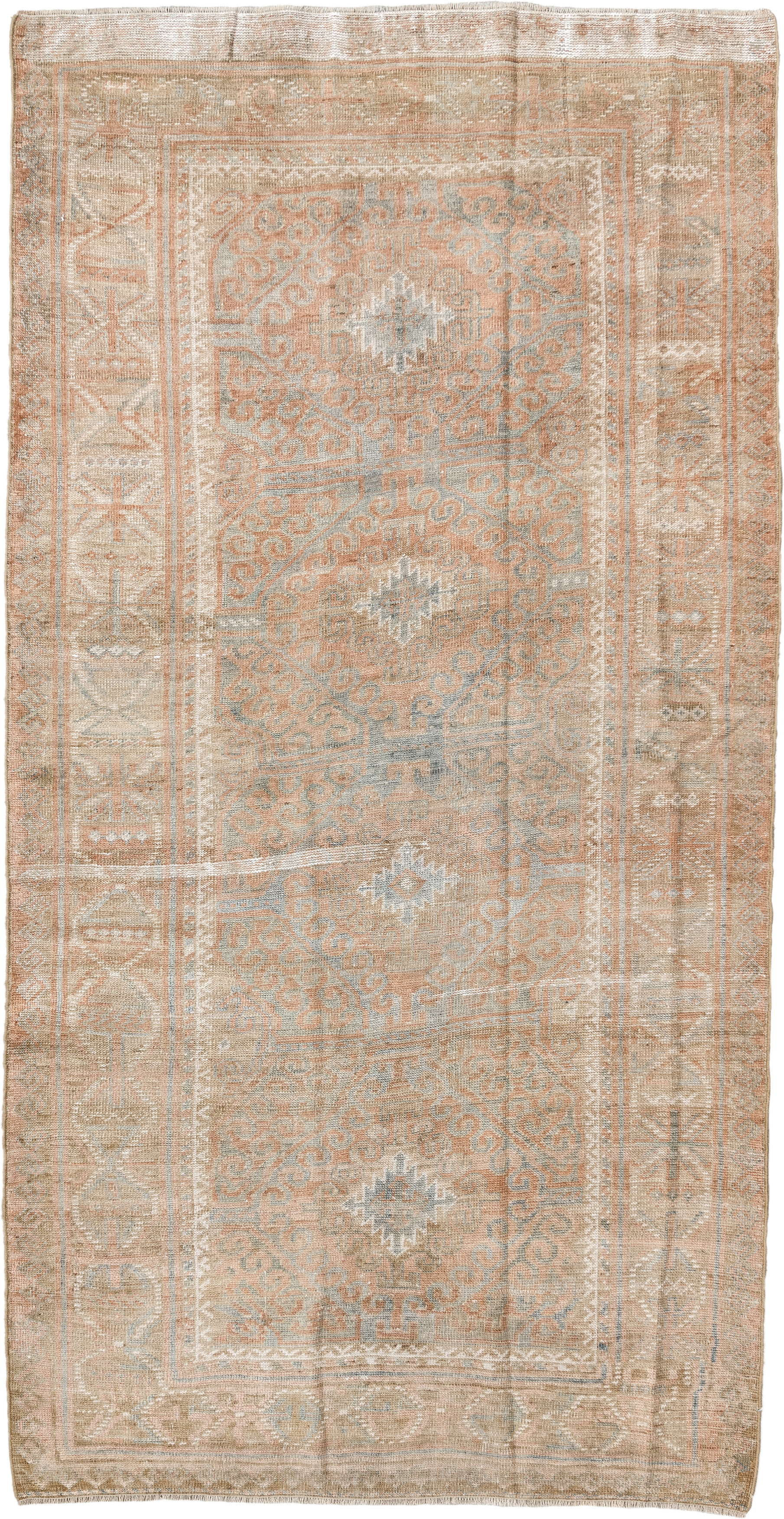4' x 7' one-of-a-kind handmade vintage Belouch rug. Color palette: camel, taupe, ivory, pale aqua, blush, sand, light gray