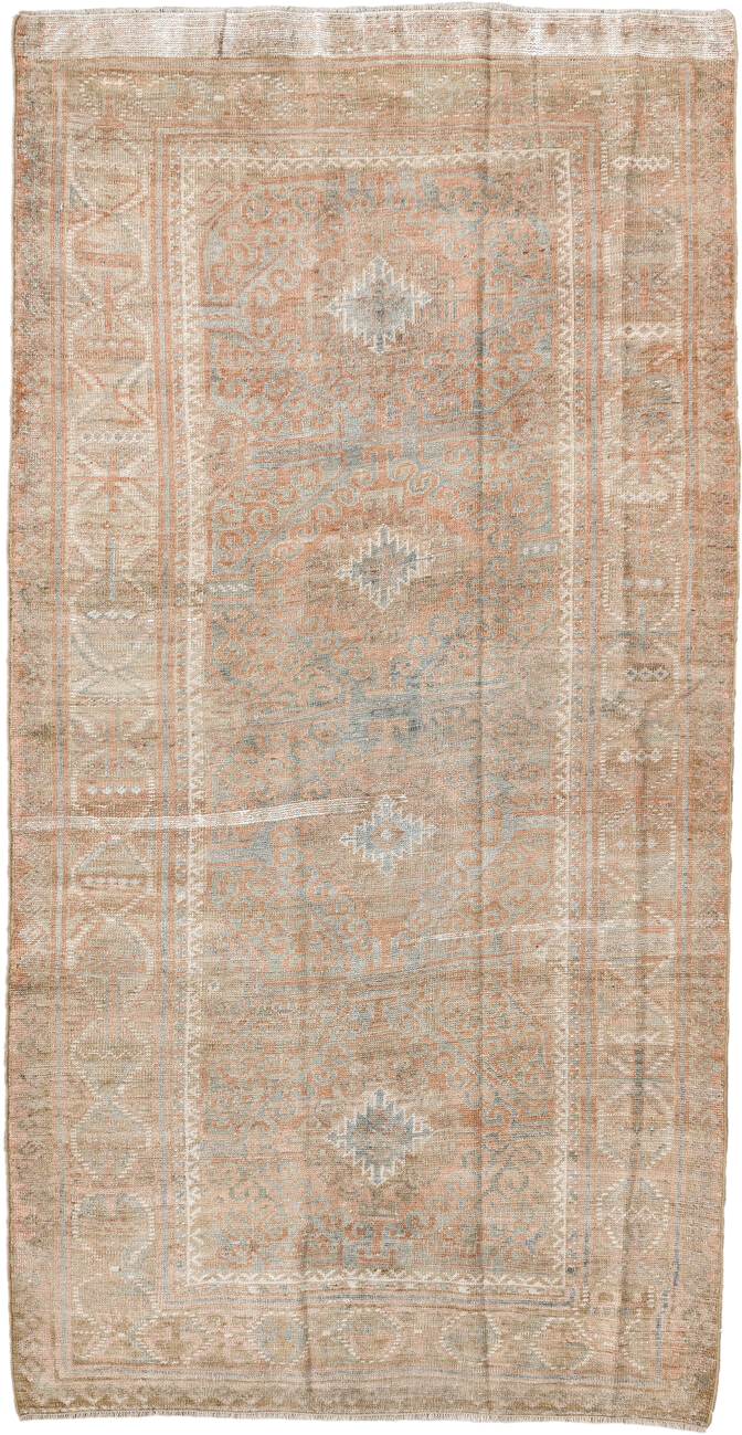 4' x 7' one-of-a-kind handmade vintage Belouch rug. Color palette: camel, taupe, ivory, pale aqua, blush, sand, light gray