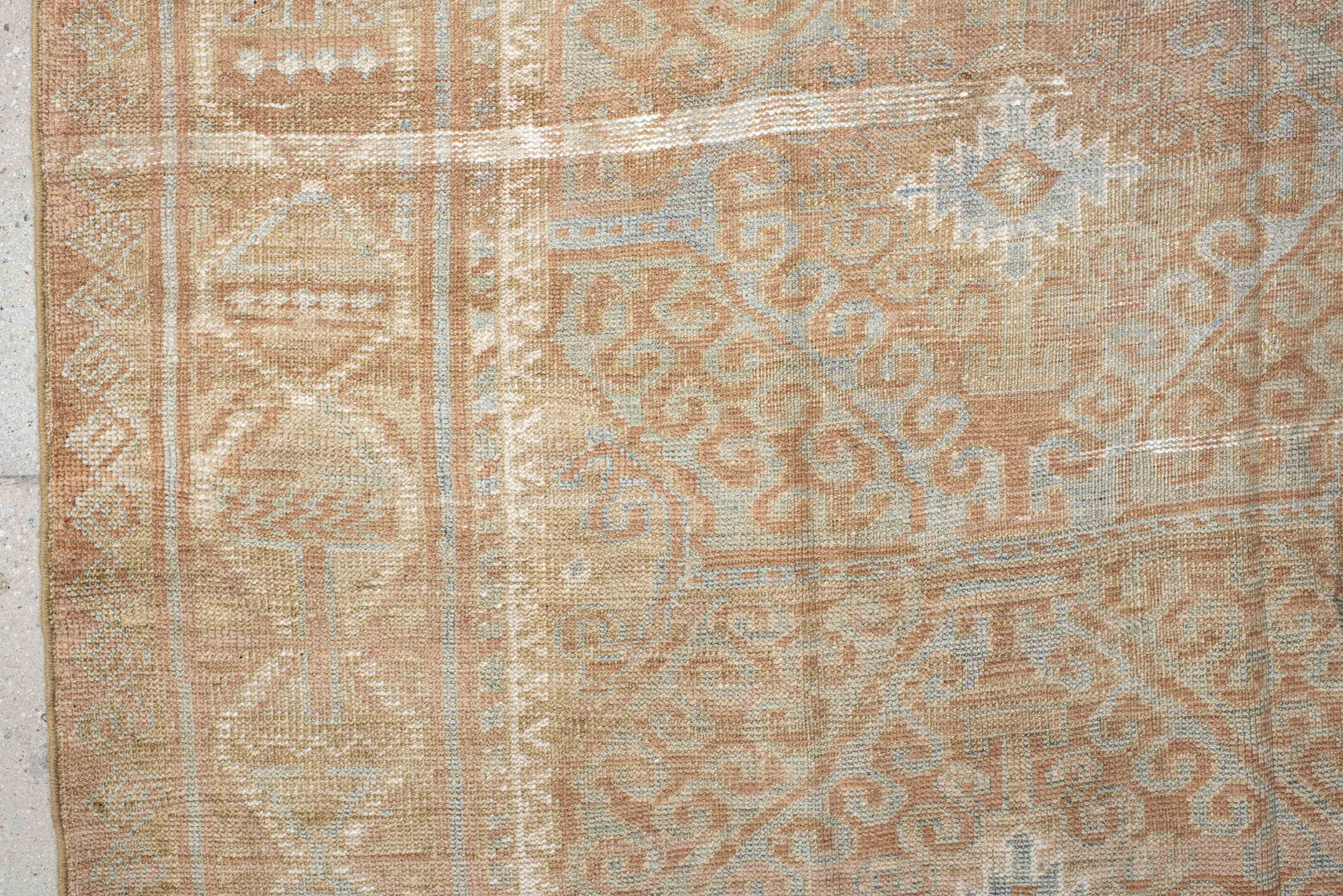 4' x 7' one-of-a-kind handmade vintage Belouch rug. Color palette: camel, taupe, ivory, pale aqua, blush, sand, light gray