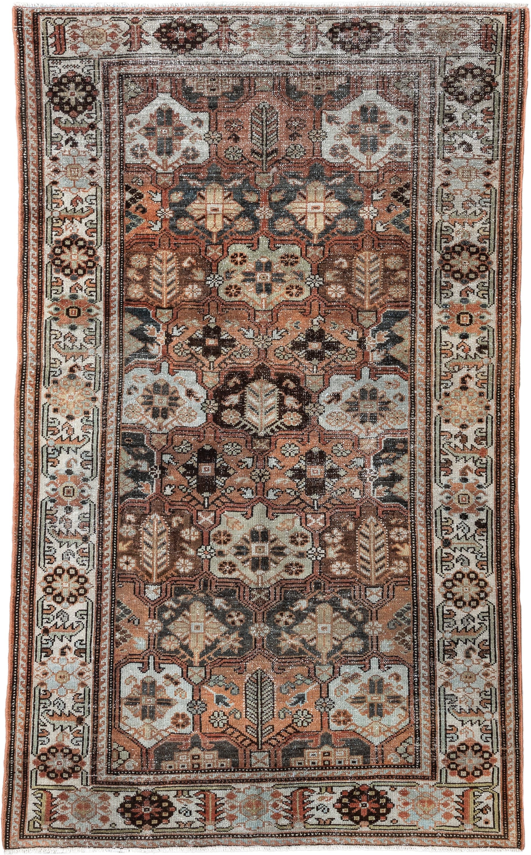 4' x 7' one-of-a-kind handmade vintage Baktiary rug. Color palette: rust, ivory, charcoal, soft blue, brown, camel, burgundy