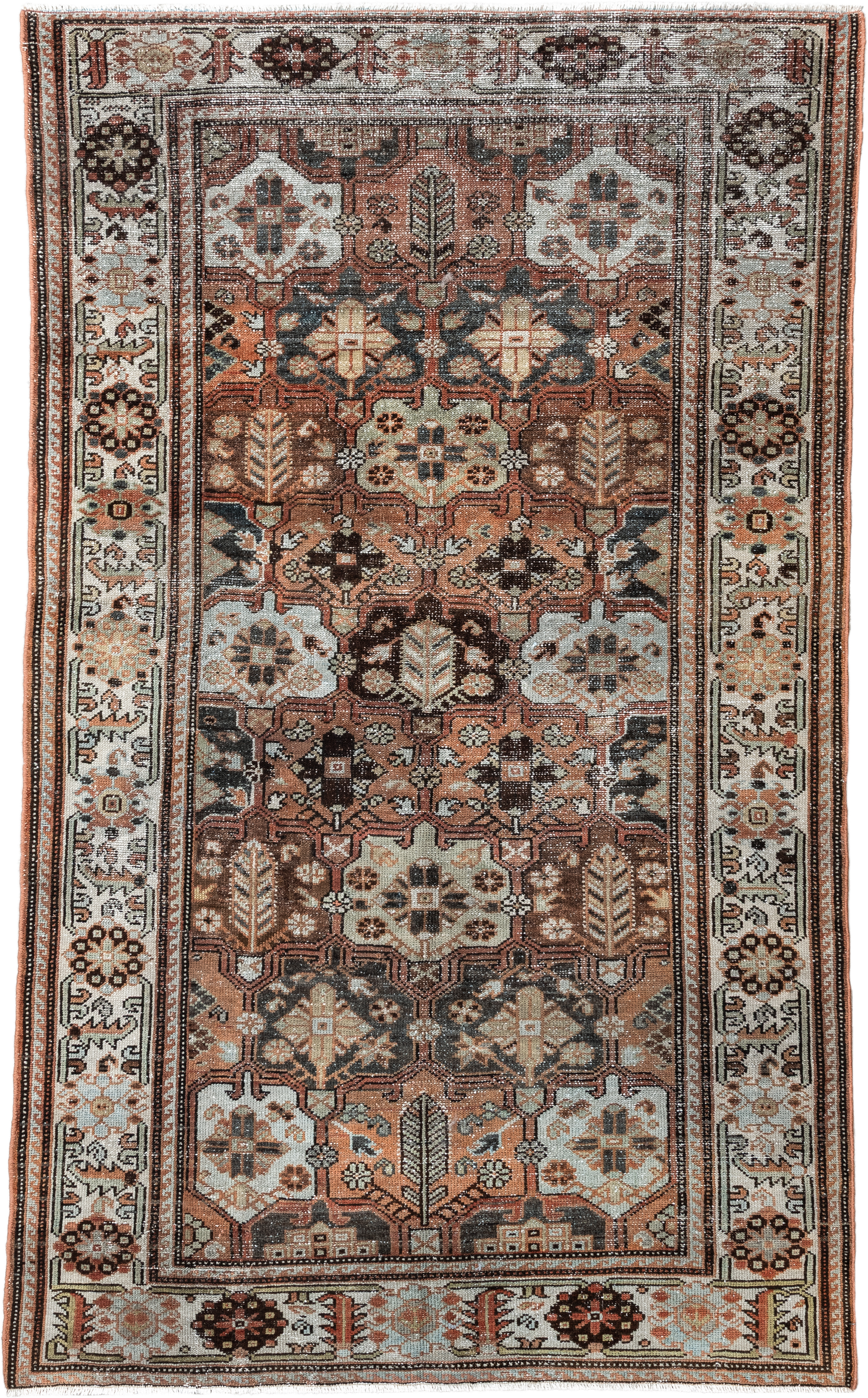 4' x 7' one-of-a-kind handmade vintage Baktiary rug. Color palette: rust, ivory, charcoal, soft blue, brown, camel, burgundy