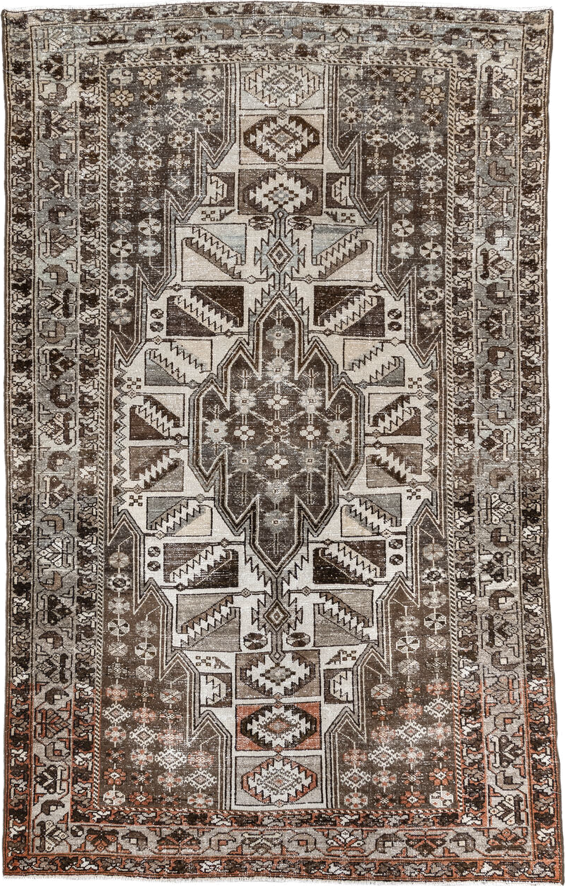 4' x 6' one-of-a-kind handmade vintage Malayer small size rug. Color palette: ivory, taupe, brown, rust, charcoal, camel