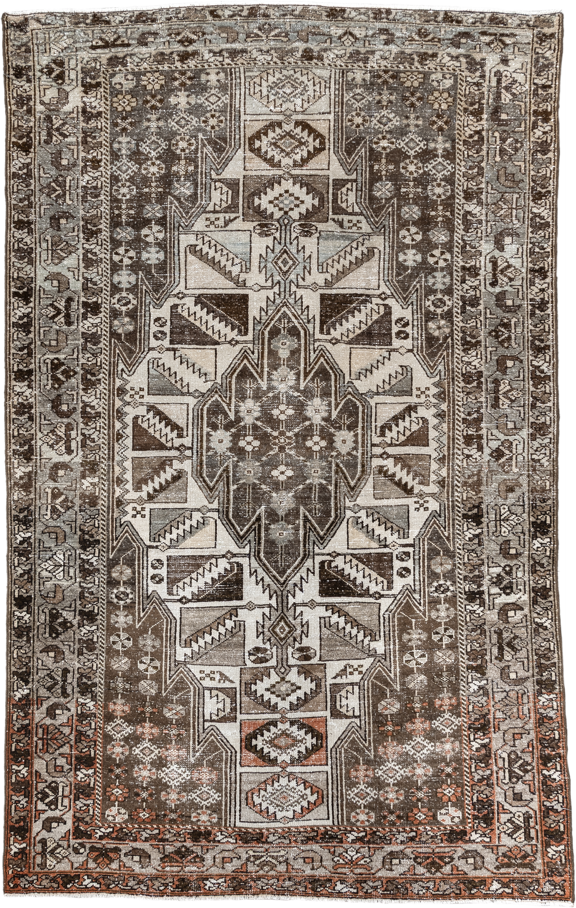 4' x 6' one-of-a-kind handmade vintage Malayer small size rug. Color palette: ivory, taupe, brown, rust, charcoal, camel