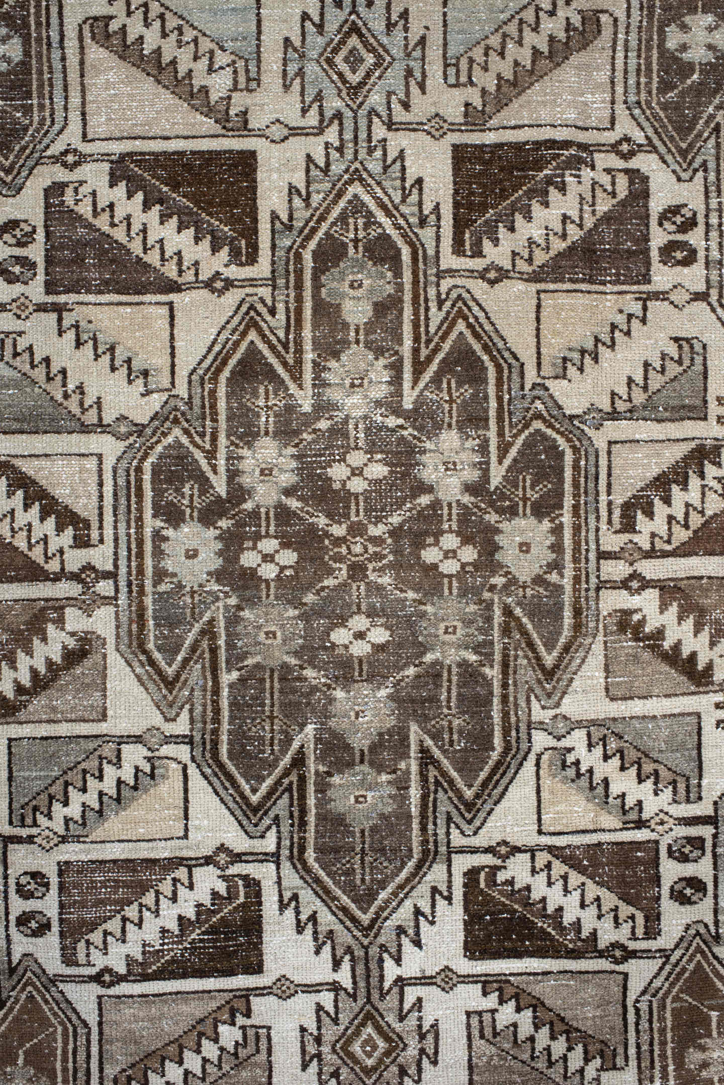 4' x 6' one-of-a-kind handmade vintage Malayer small size rug. Color palette: ivory, taupe, brown, rust, charcoal, camel