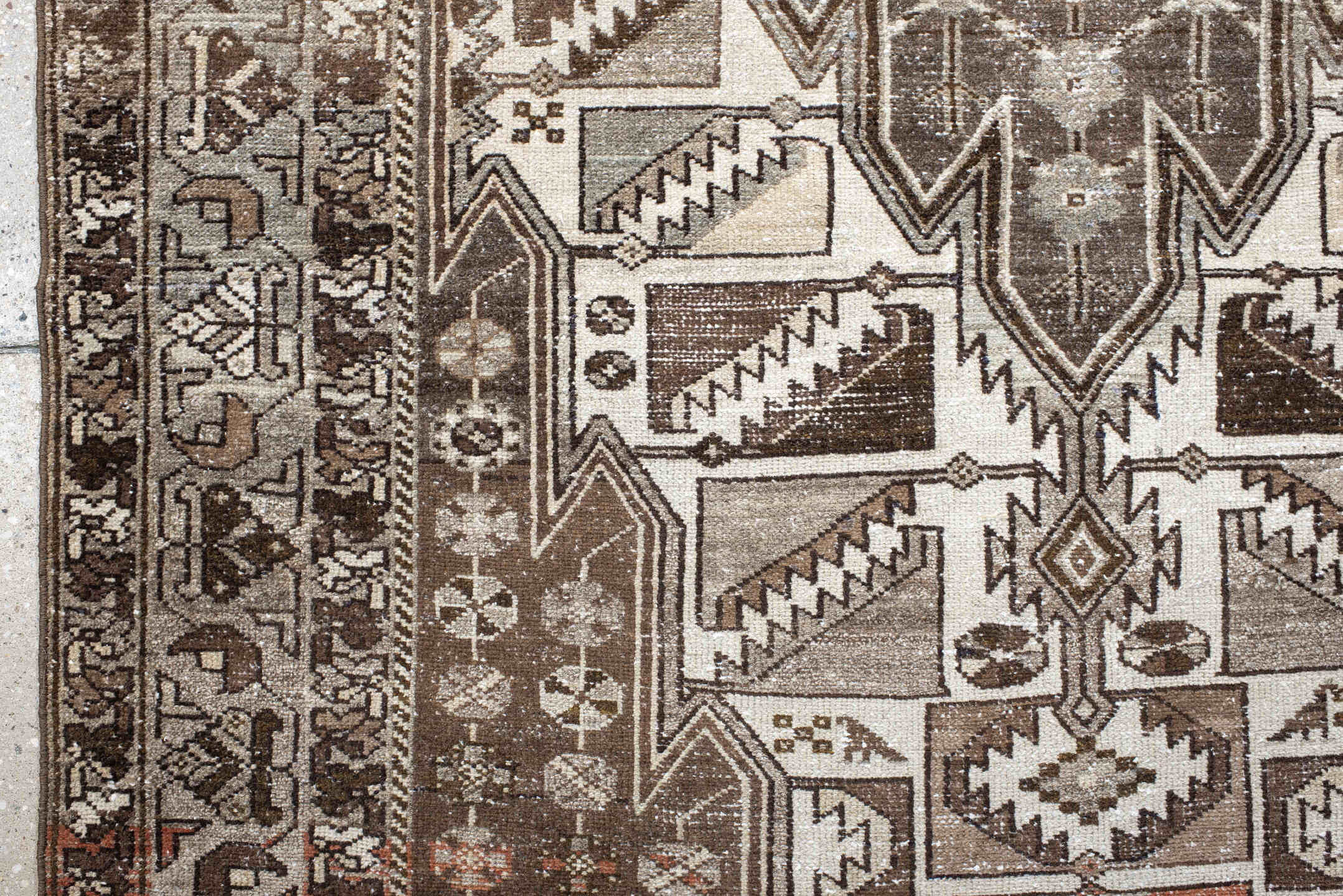 4' x 6' one-of-a-kind handmade vintage Malayer small size rug. Color palette: ivory, taupe, brown, rust, charcoal, camel