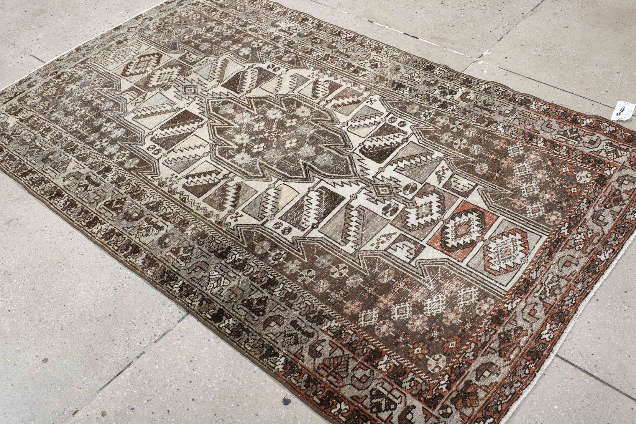 4' x 6' one-of-a-kind handmade vintage Malayer small size rug. Color palette: ivory, taupe, brown, rust, charcoal, camel