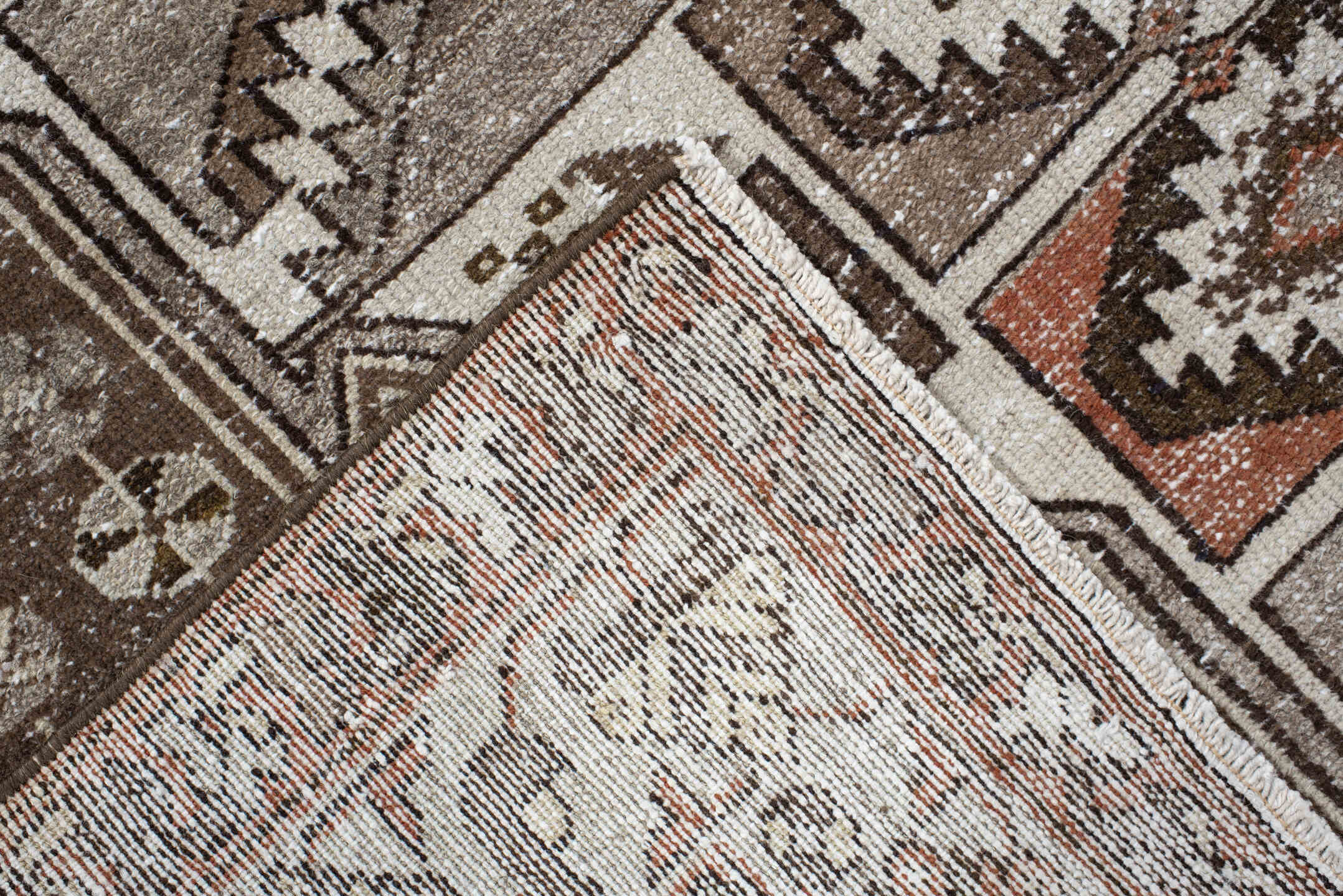 4' x 6' one-of-a-kind handmade vintage Malayer small size rug. Color palette: ivory, taupe, brown, rust, charcoal, camel