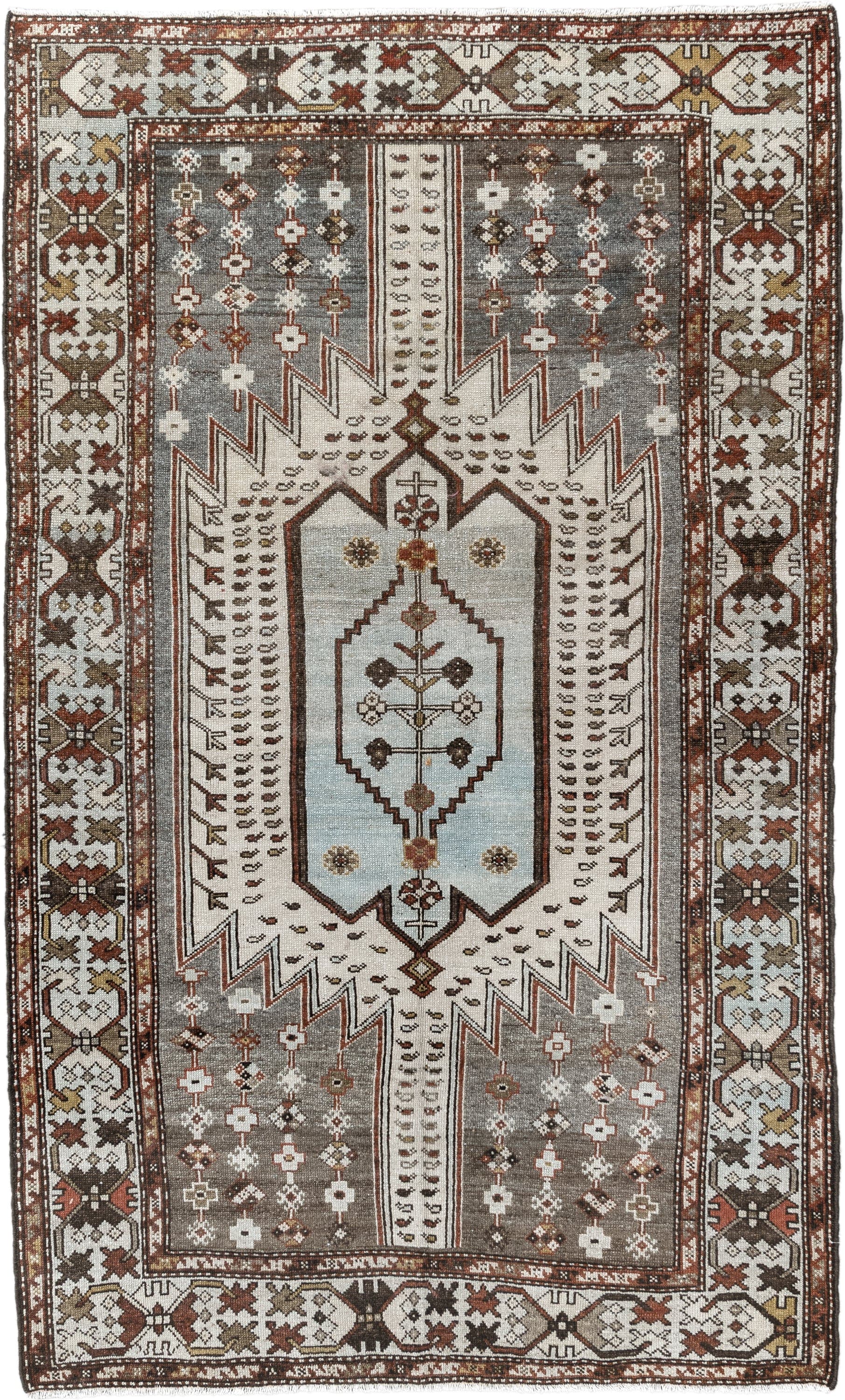 4' x 6' one-of-a-kind handmade vintage Malayer small size rug. Color palette: ivory, rust, taupe, brown, soft blue, charcoal