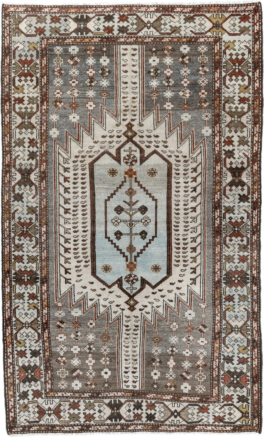 4' x 6' one-of-a-kind handmade vintage Malayer small size rug. Color palette: ivory, rust, taupe, brown, soft blue, charcoal
