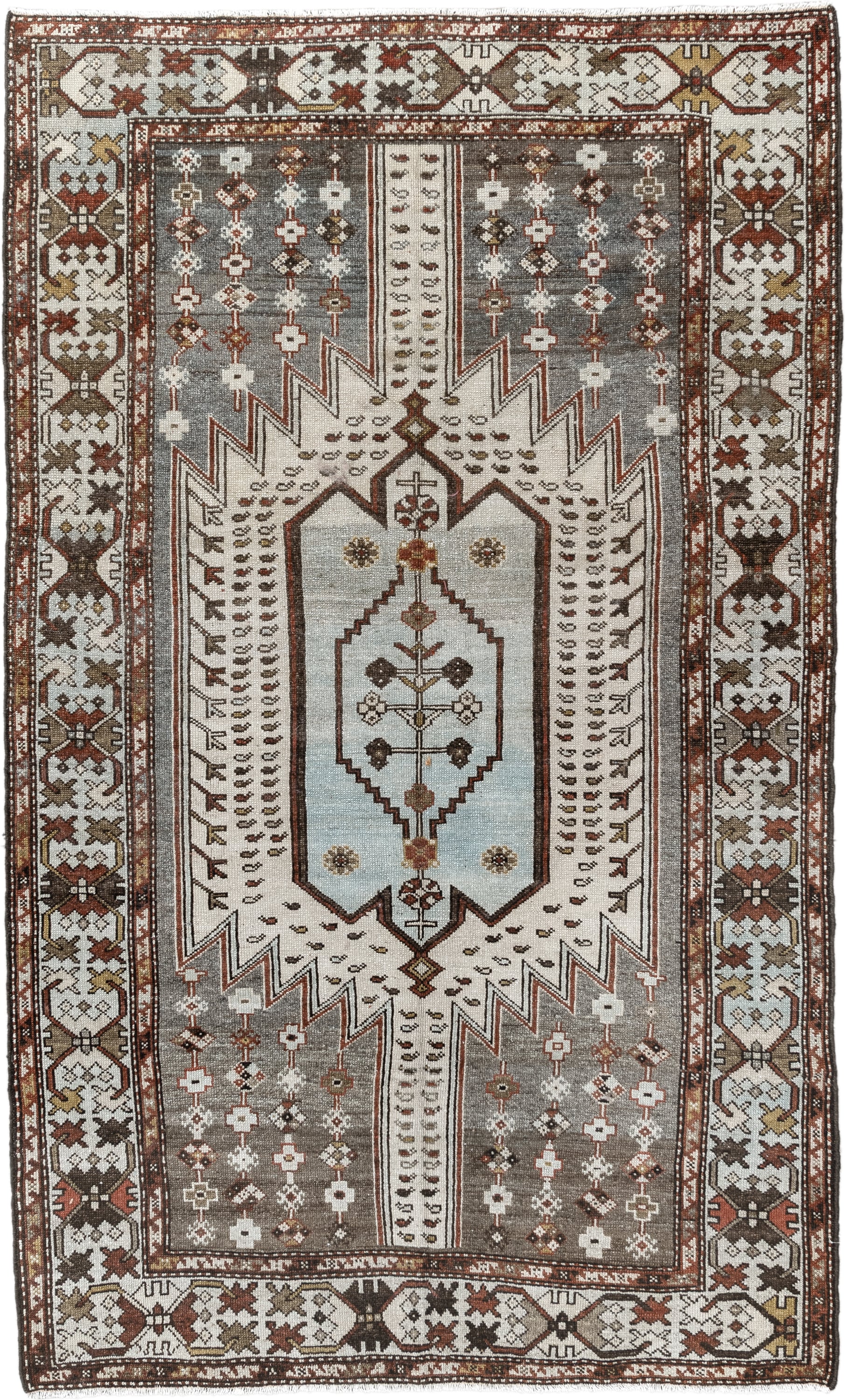 4' x 6' one-of-a-kind handmade vintage Malayer small size rug. Color palette: ivory, rust, taupe, brown, soft blue, charcoal