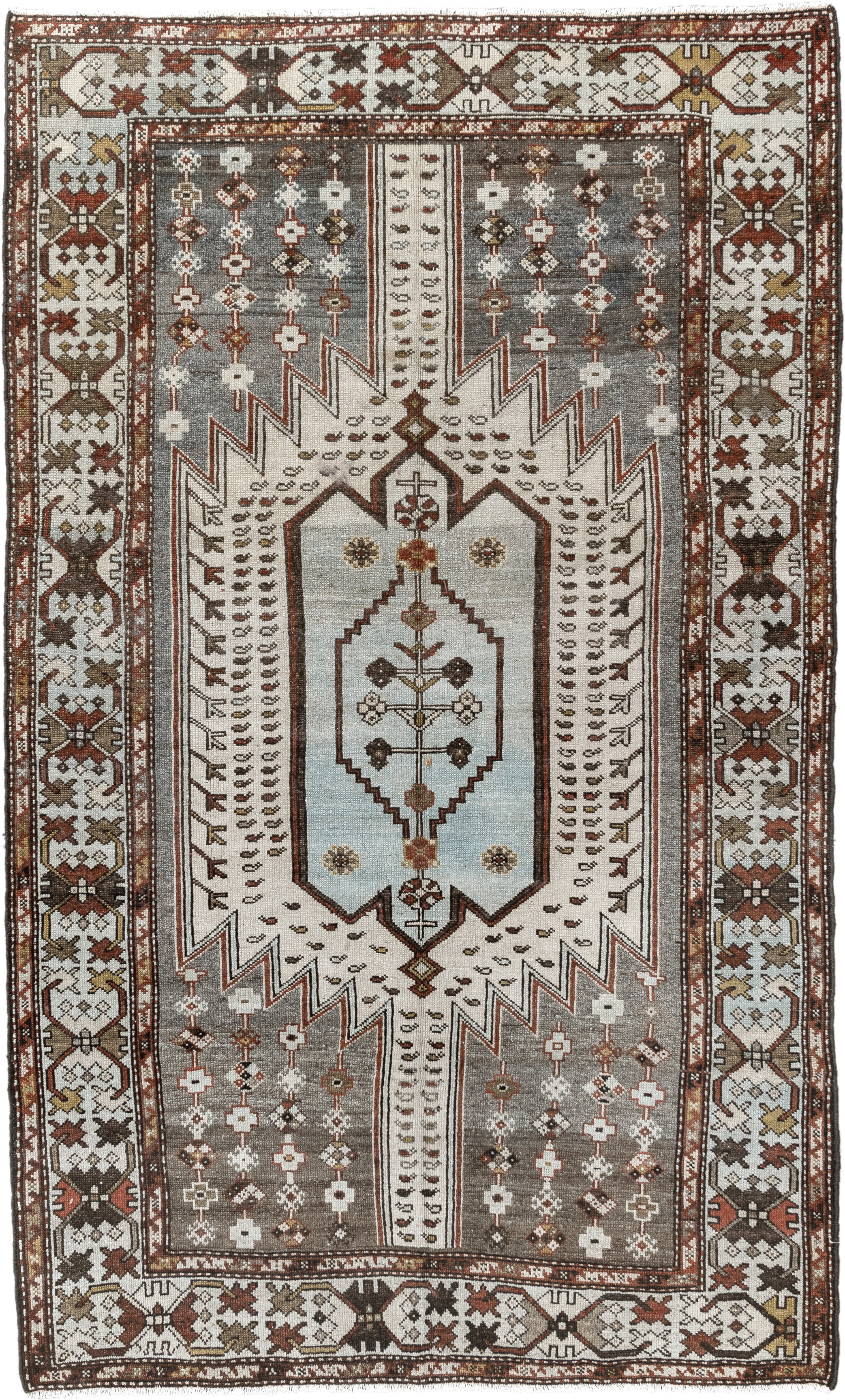4' x 6' one-of-a-kind handmade vintage Malayer small size rug. Color palette: ivory, rust, taupe, brown, soft blue, charcoal