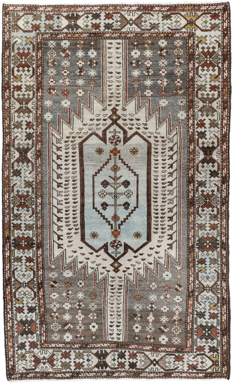 4' x 6' one-of-a-kind handmade vintage Malayer small size rug. Color palette: ivory, rust, taupe, brown, soft blue, charcoal