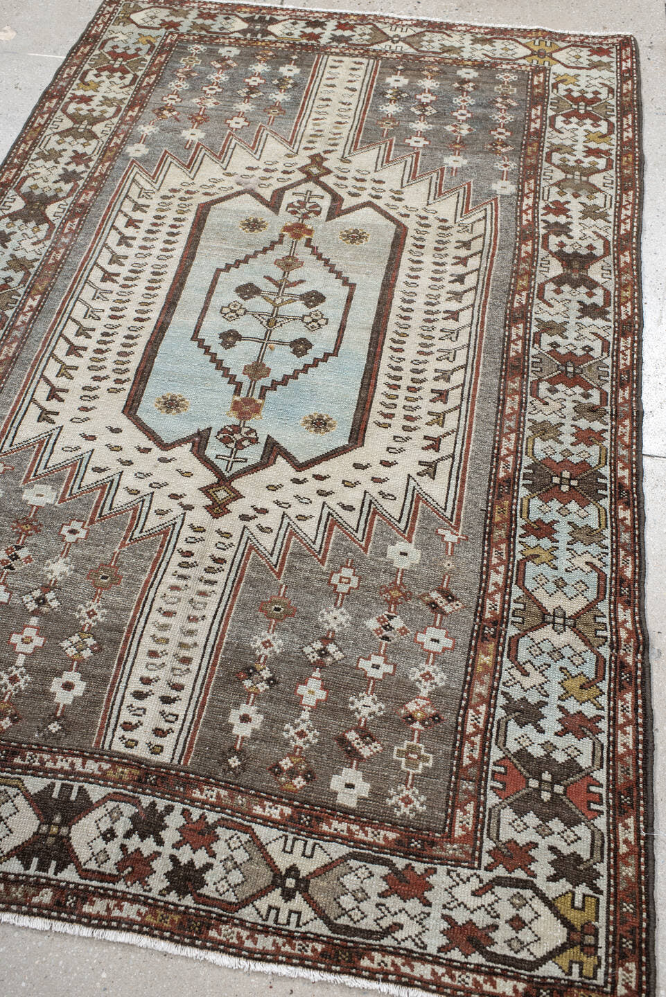 4' x 6' one-of-a-kind handmade vintage Malayer small size rug. Color palette: ivory, rust, taupe, brown, soft blue, charcoal