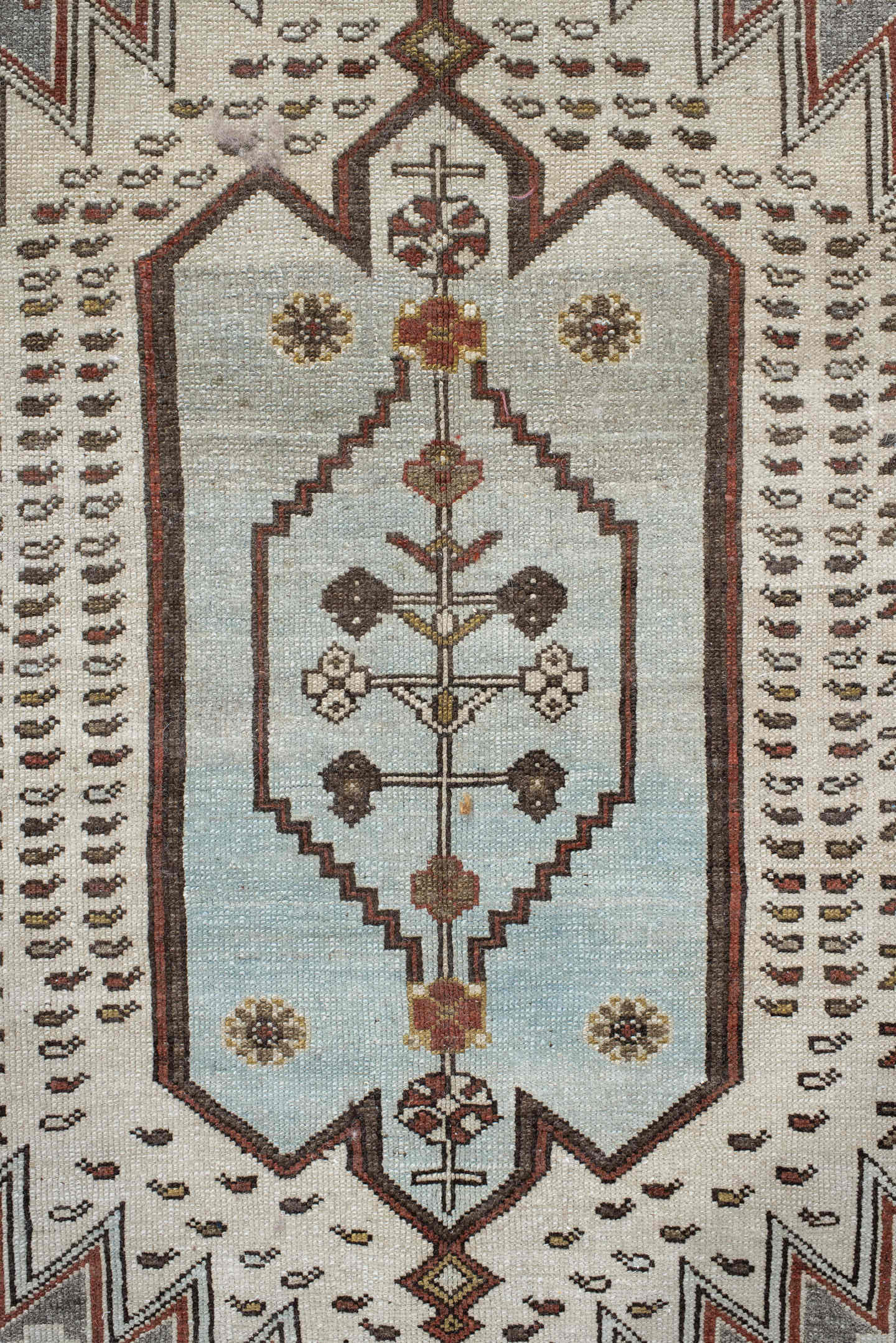 4' x 6' one-of-a-kind handmade vintage Malayer small size rug. Color palette: ivory, rust, taupe, brown, soft blue, charcoal