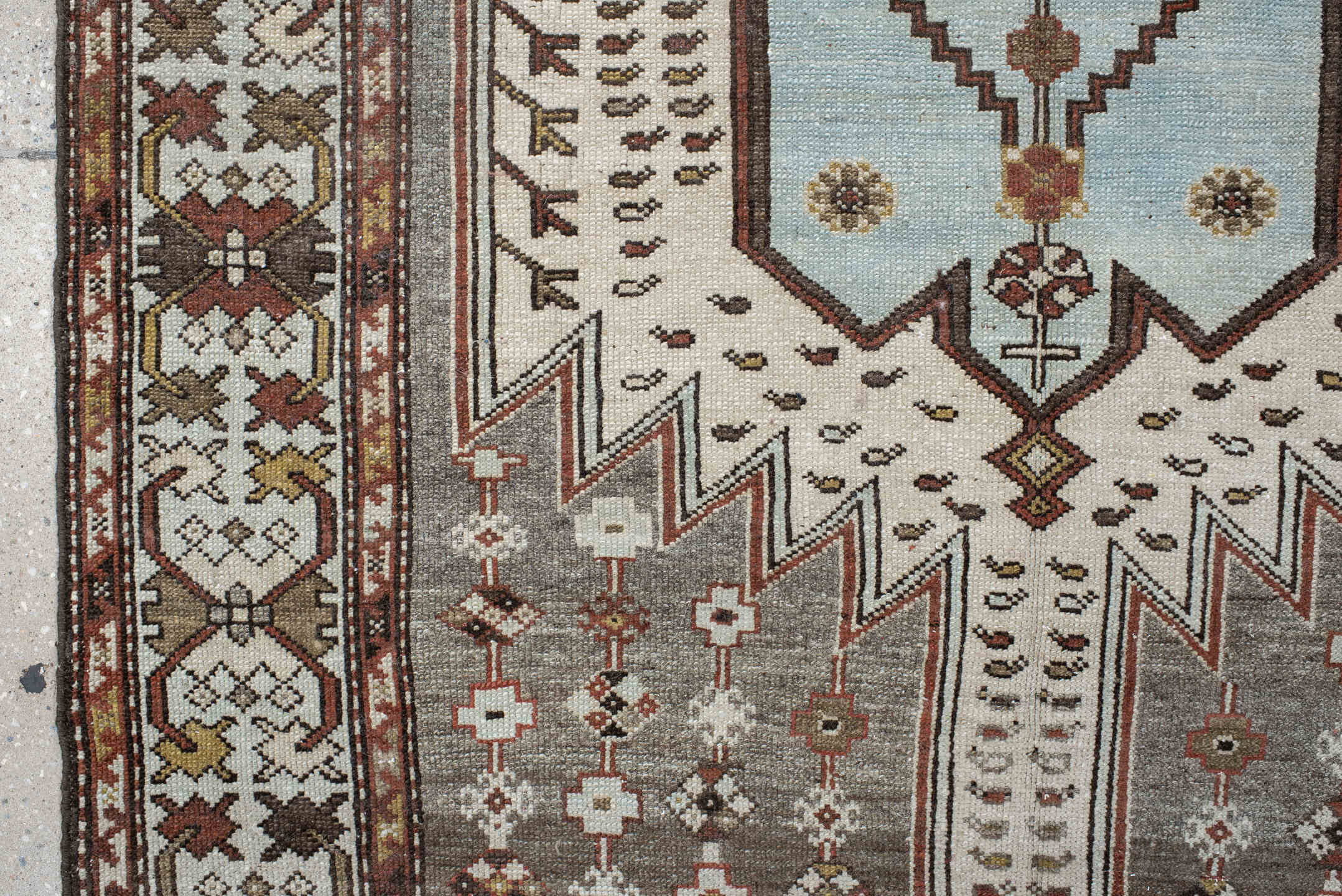 4' x 6' one-of-a-kind handmade vintage Malayer small size rug. Color palette: ivory, rust, taupe, brown, soft blue, charcoal