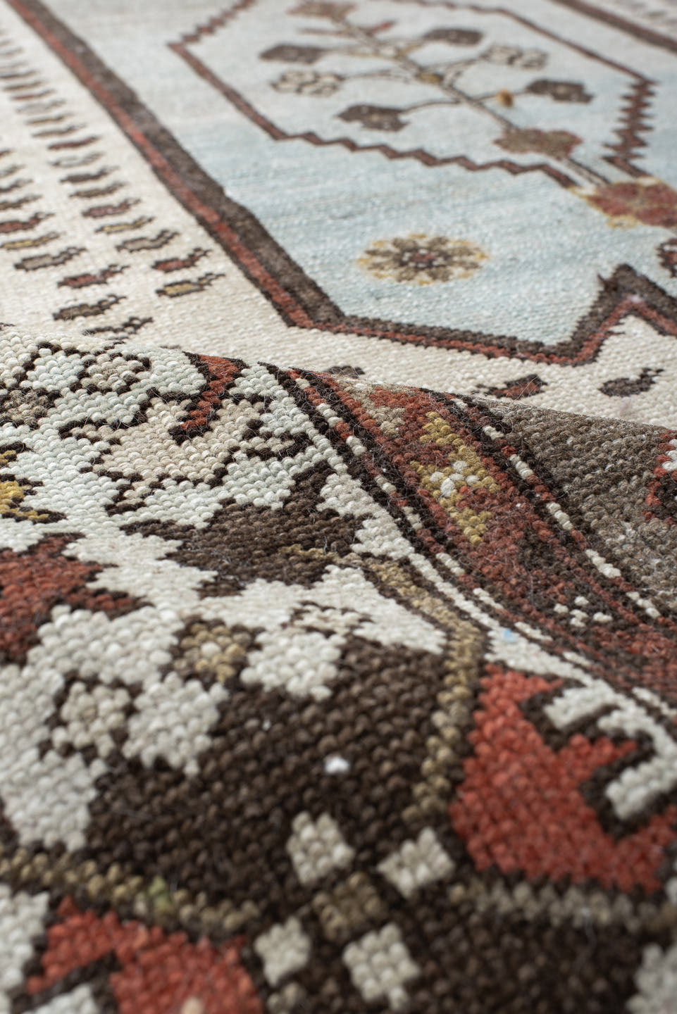 4' x 6' one-of-a-kind handmade vintage Malayer small size rug. Color palette: ivory, rust, taupe, brown, soft blue, charcoal
