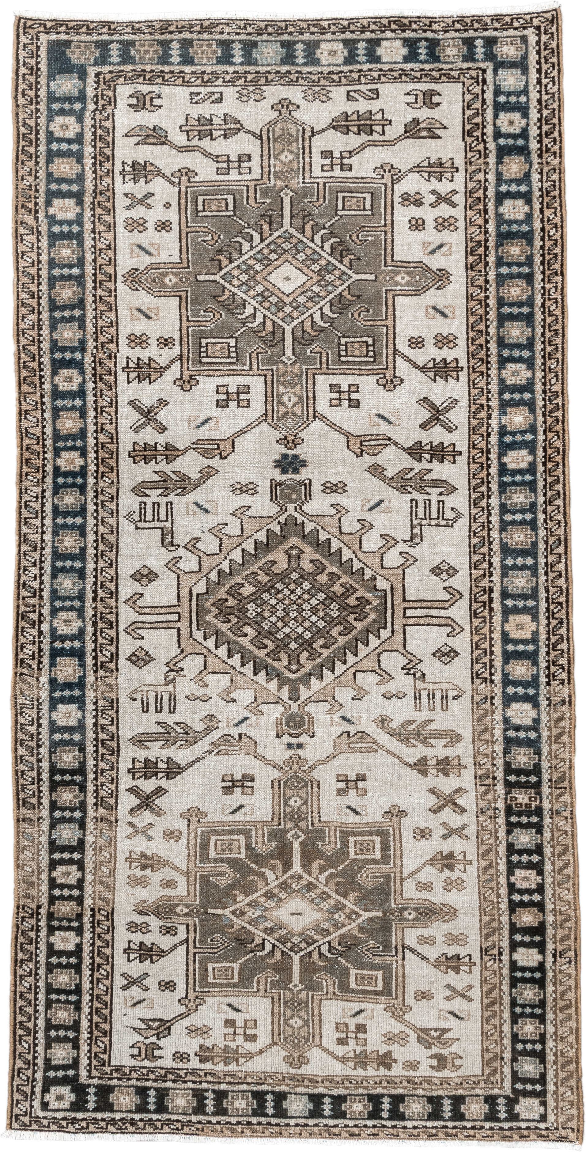 3' x 6' one-of-a-kind handmade vintage Karaje runner rug. Color palette: ivory, taupe, navy, brown, camel, charcoal, beige