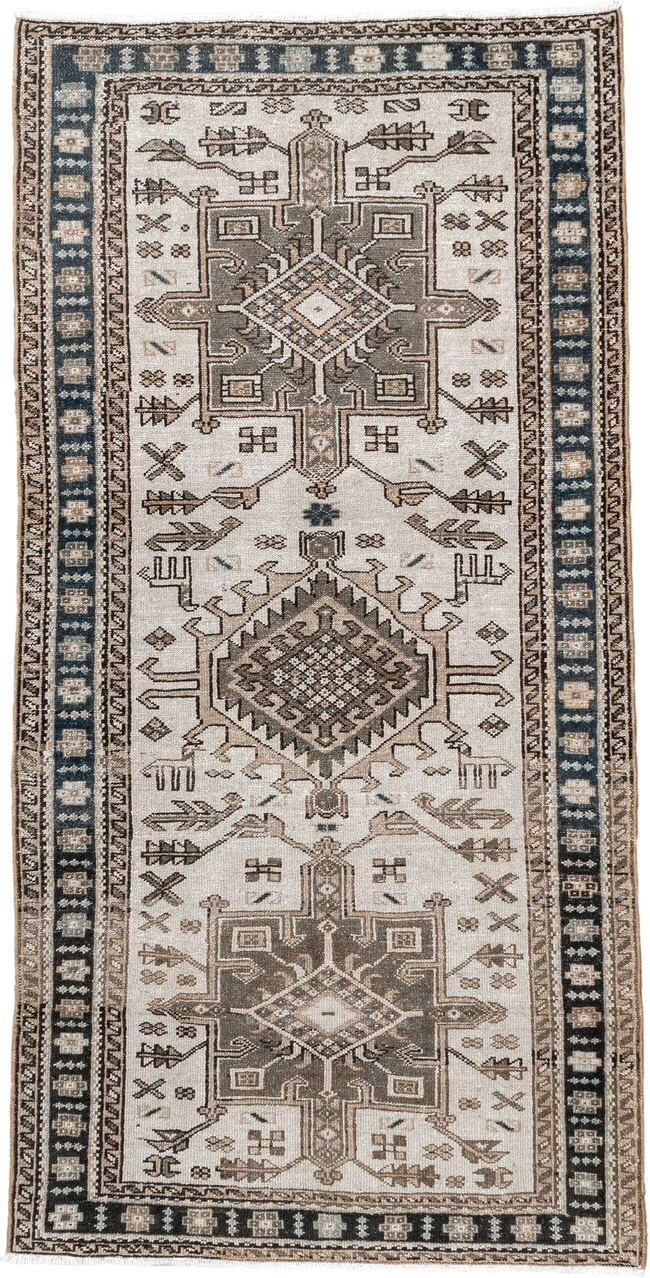 3' x 6' one-of-a-kind handmade vintage Karaje runner rug. Color palette: ivory, taupe, navy, brown, camel, charcoal, beige