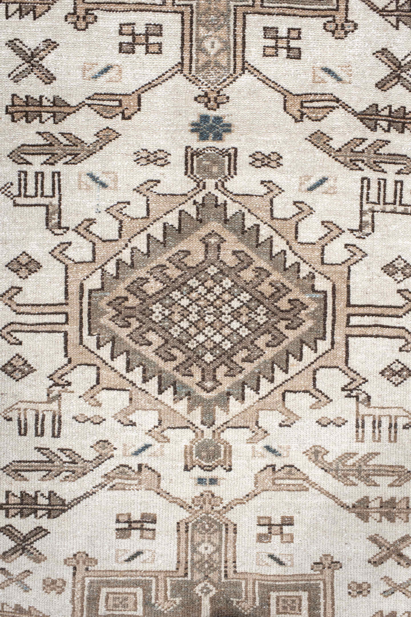 3' x 6' one-of-a-kind handmade vintage Karaje runner rug. Color palette: ivory, taupe, navy, brown, camel, charcoal, beige