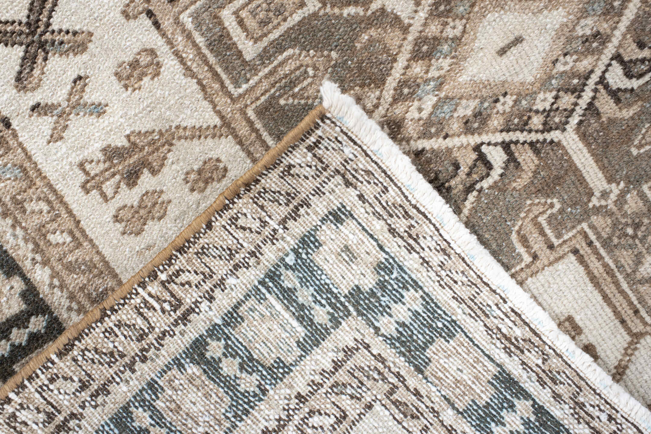 3' x 6' one-of-a-kind handmade vintage Karaje runner rug. Color palette: ivory, taupe, navy, brown, camel, charcoal, beige