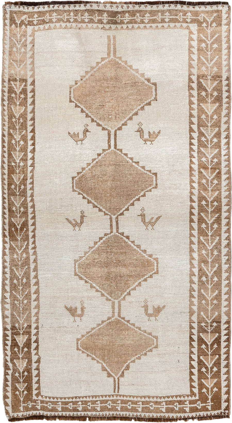 4' x 6' one-of-a-kind handmade antique Gabbe small size rug. Color palette: ivory, camel, taupe, brown, beige, gray