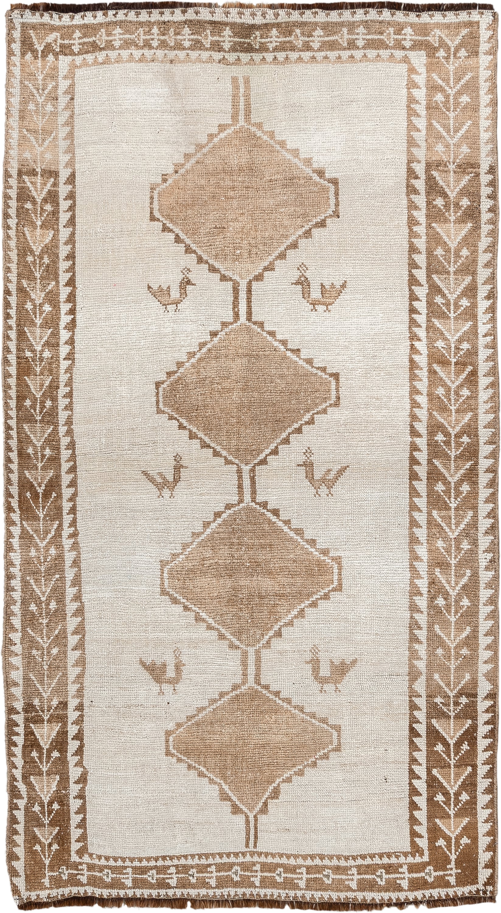 4' x 6' one-of-a-kind handmade antique Gabbe small size rug. Color palette: ivory, camel, taupe, brown, beige, gray