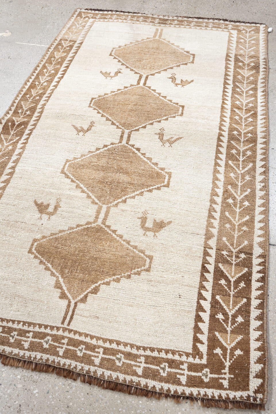 4' x 6' one-of-a-kind handmade antique Gabbe small size rug. Color palette: ivory, camel, taupe, brown, beige, gray