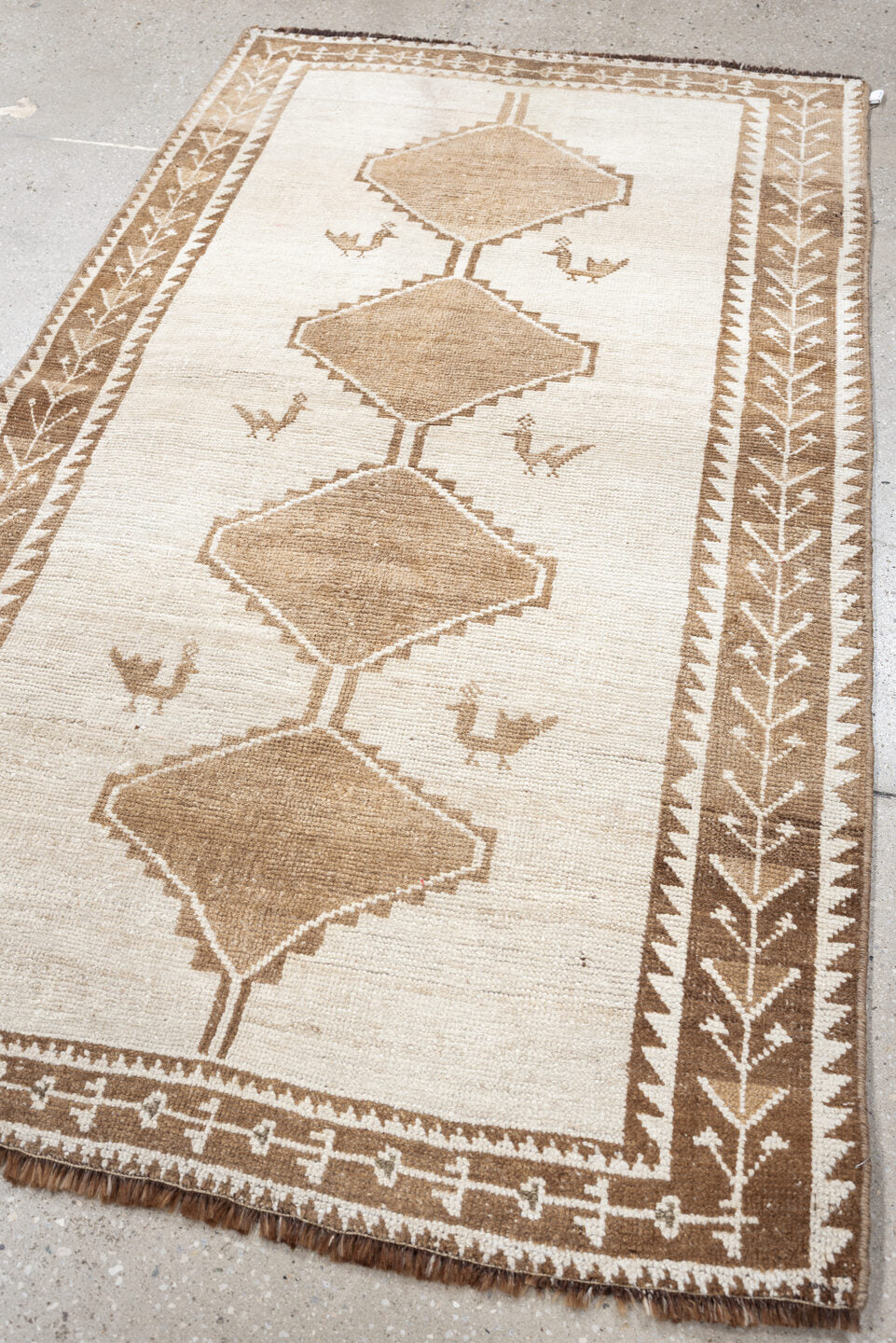 4' x 6' one-of-a-kind handmade antique Gabbe small size rug. Color palette: ivory, camel, taupe, brown, beige, gray