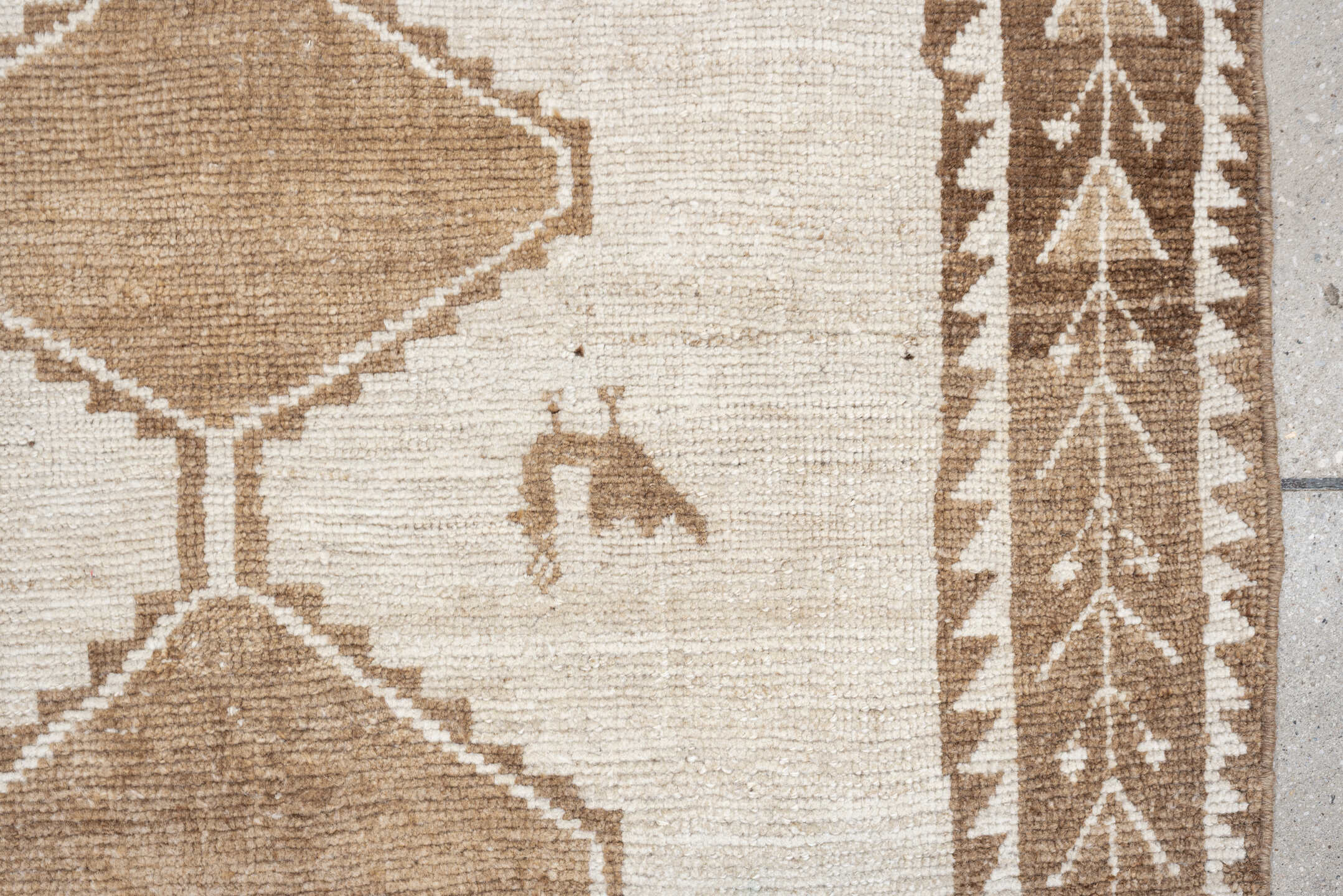 4' x 6' one-of-a-kind handmade antique Gabbe small size rug. Color palette: ivory, camel, taupe, brown, beige, gray