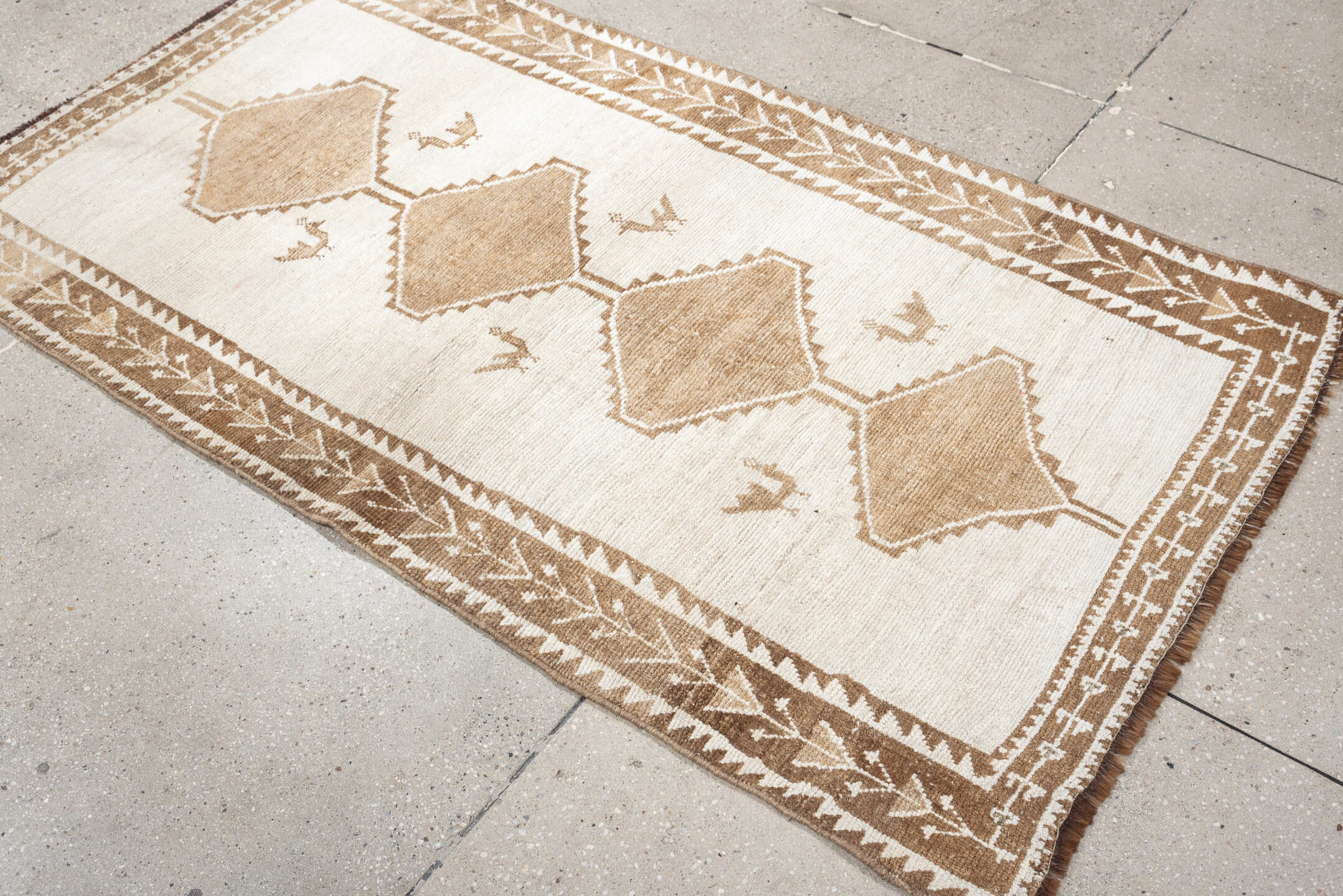 4' x 6' one-of-a-kind handmade antique Gabbe small size rug. Color palette: ivory, camel, taupe, brown, beige, gray