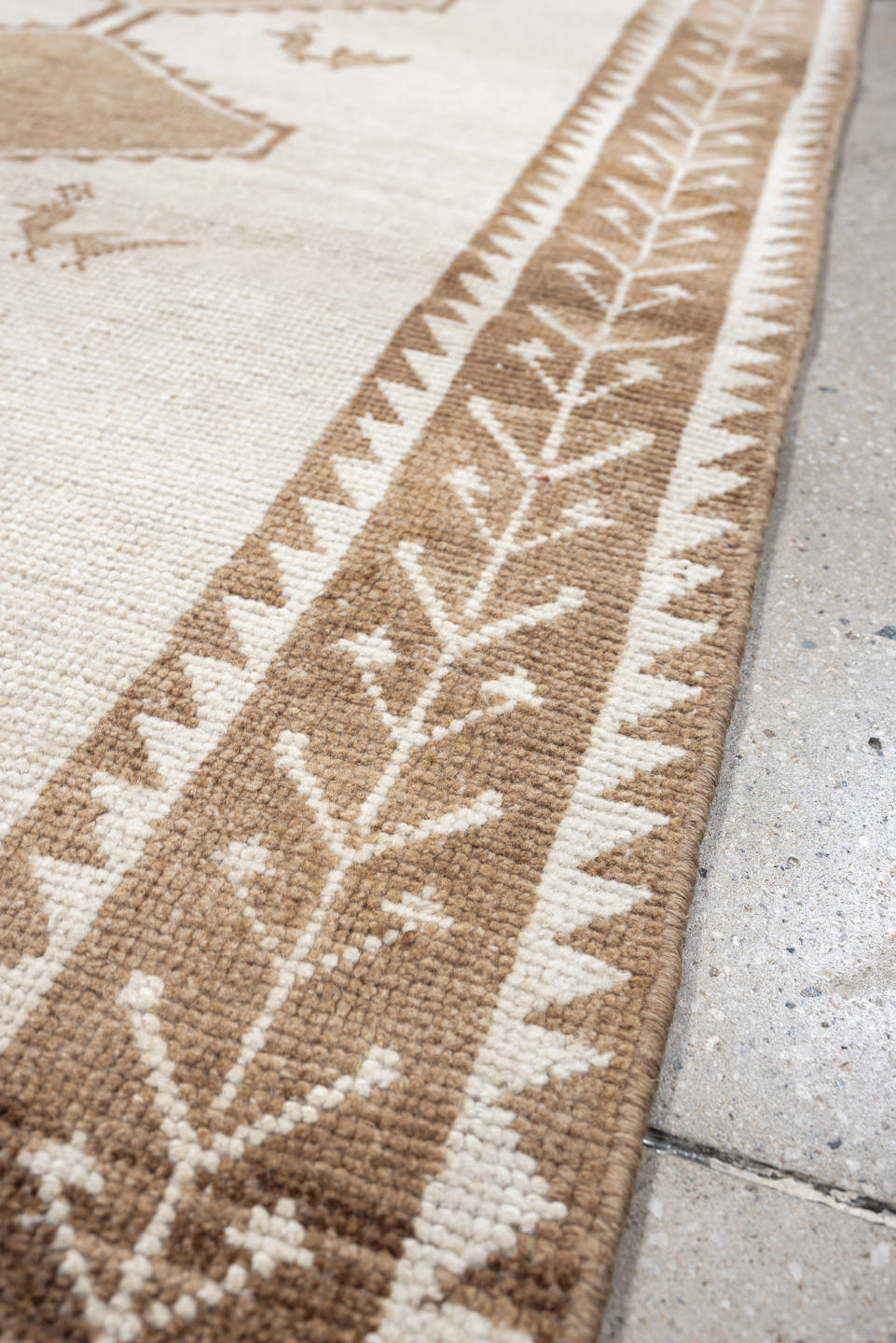4' x 6' one-of-a-kind handmade antique Gabbe small size rug. Color palette: ivory, camel, taupe, brown, beige, gray